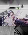 Albedo from Overlord stands proud with wings and flowing hair, 40x20 inches, perfect for anime mouse pad collections.
