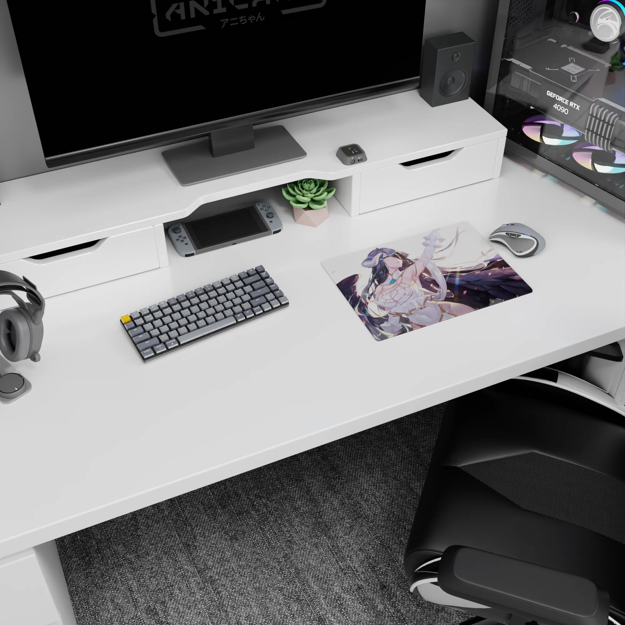 Albedo from Overlord on 14x10 inches mouse pad, exuding elegance with flowing hair and wings against a feathered backdrop.