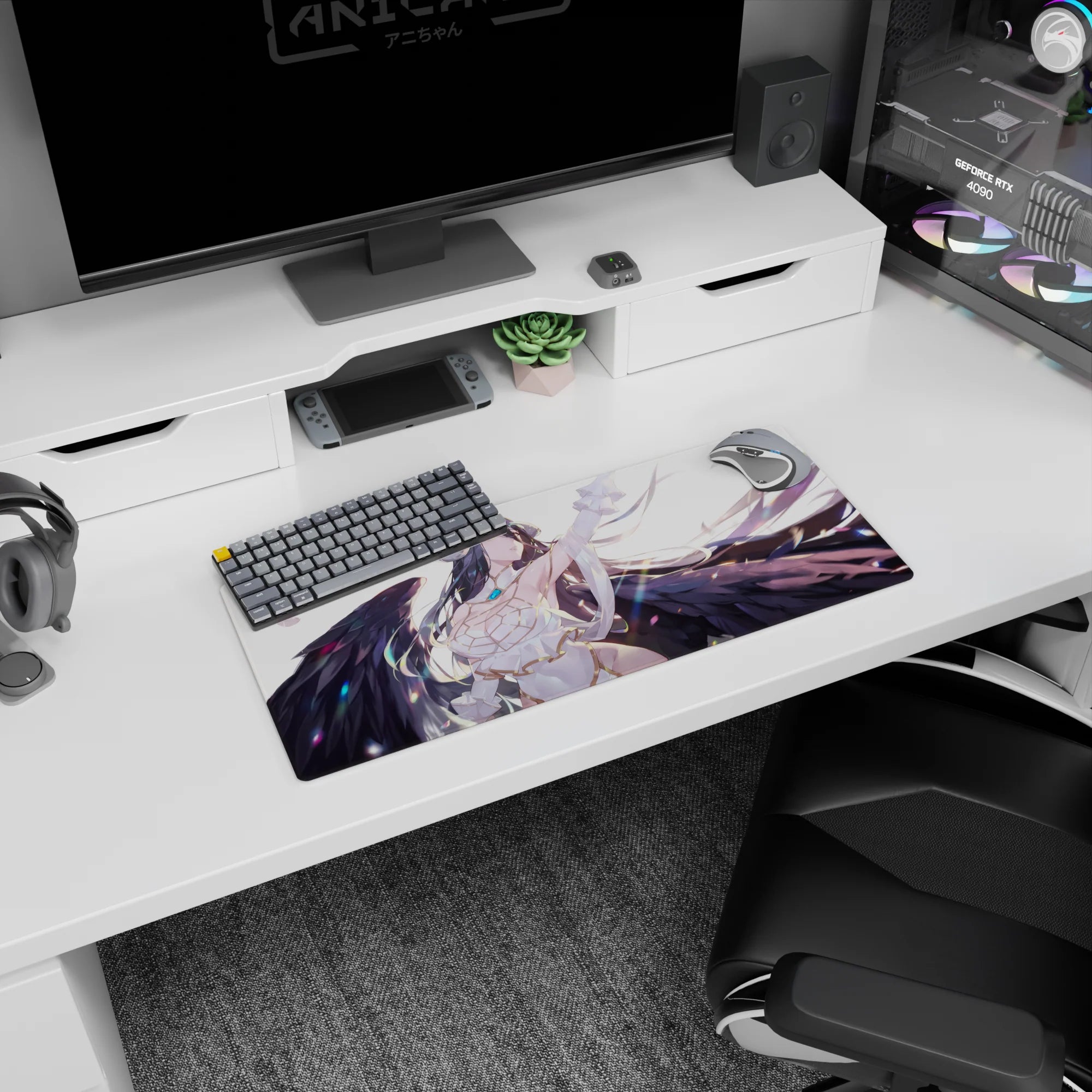 Mouse pad featuring Albedo from Overlord, size 28x12 inches. Showcases her elegant yet fierce demeanor with a feathered backdrop.