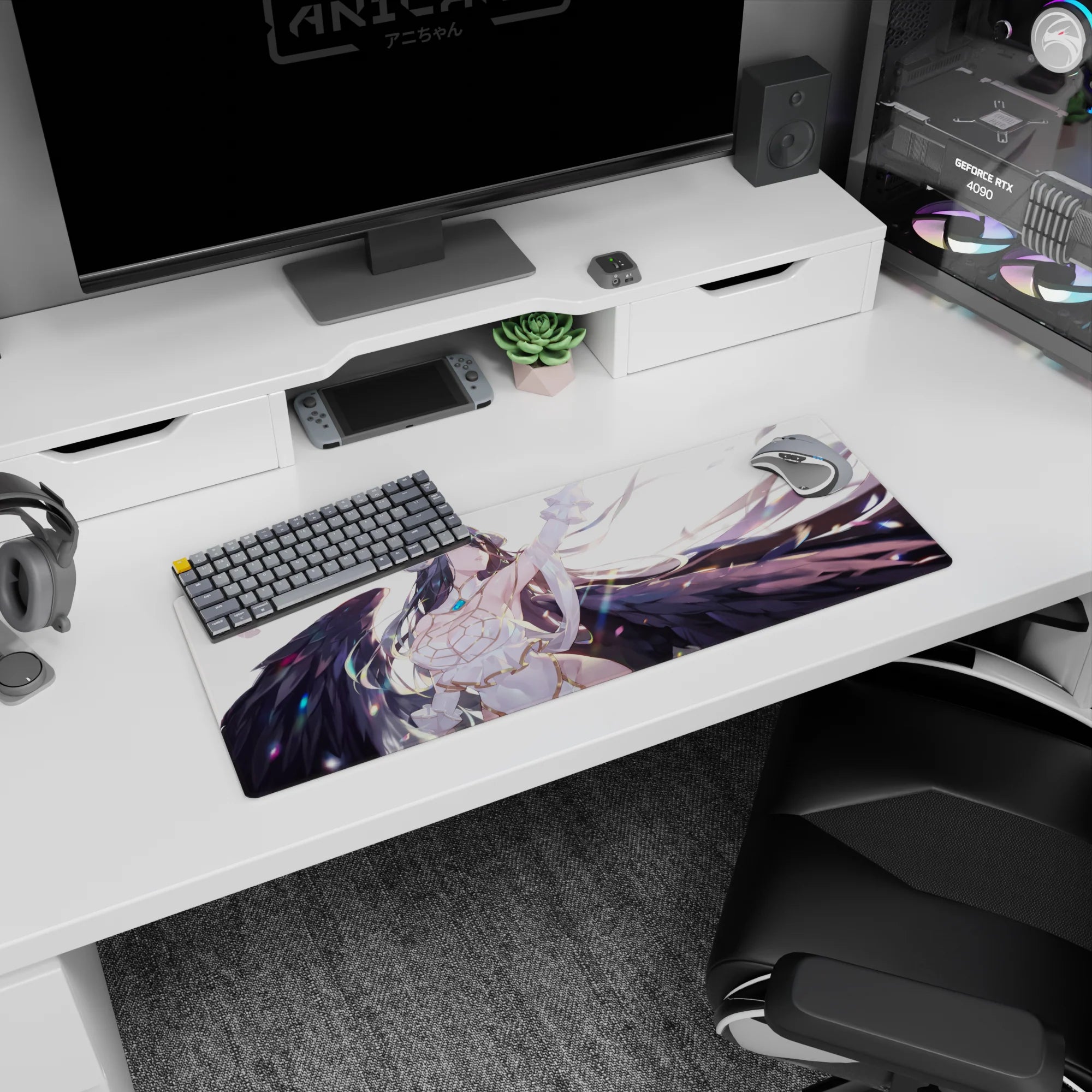 Albedo from Overlord anime on a 32x12 inch mouse pad, showcasing her fierce yet serene look with flowing hair and wings.