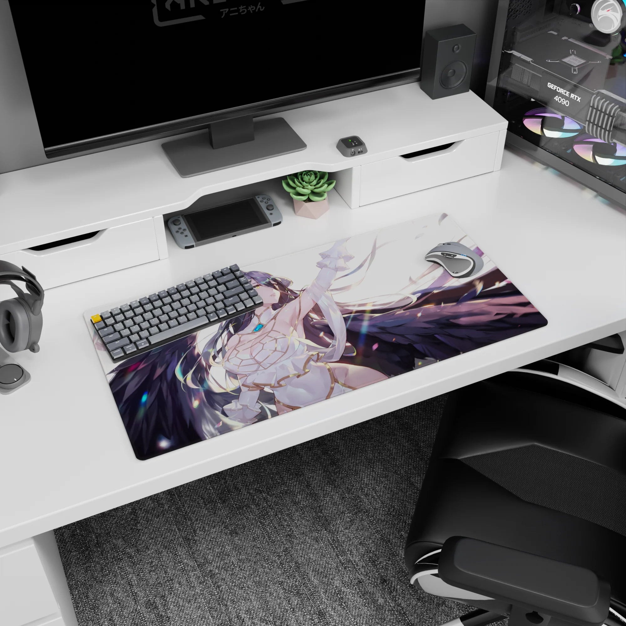 Albedo from Overlord on a 32x16 inch mouse pad, showcasing her fierce yet serene look with flowing hair and wings against a feathered background.