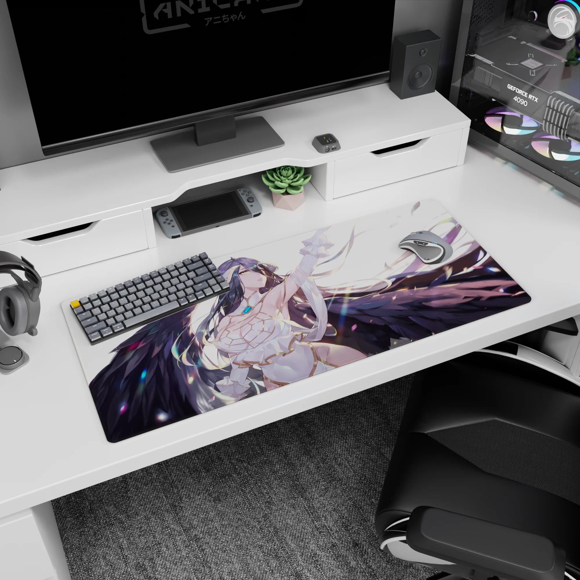 Albedo desk pad 36x16 inches featuring her fierce yet serene gaze, with flowing hair and wings, on a soft white background.