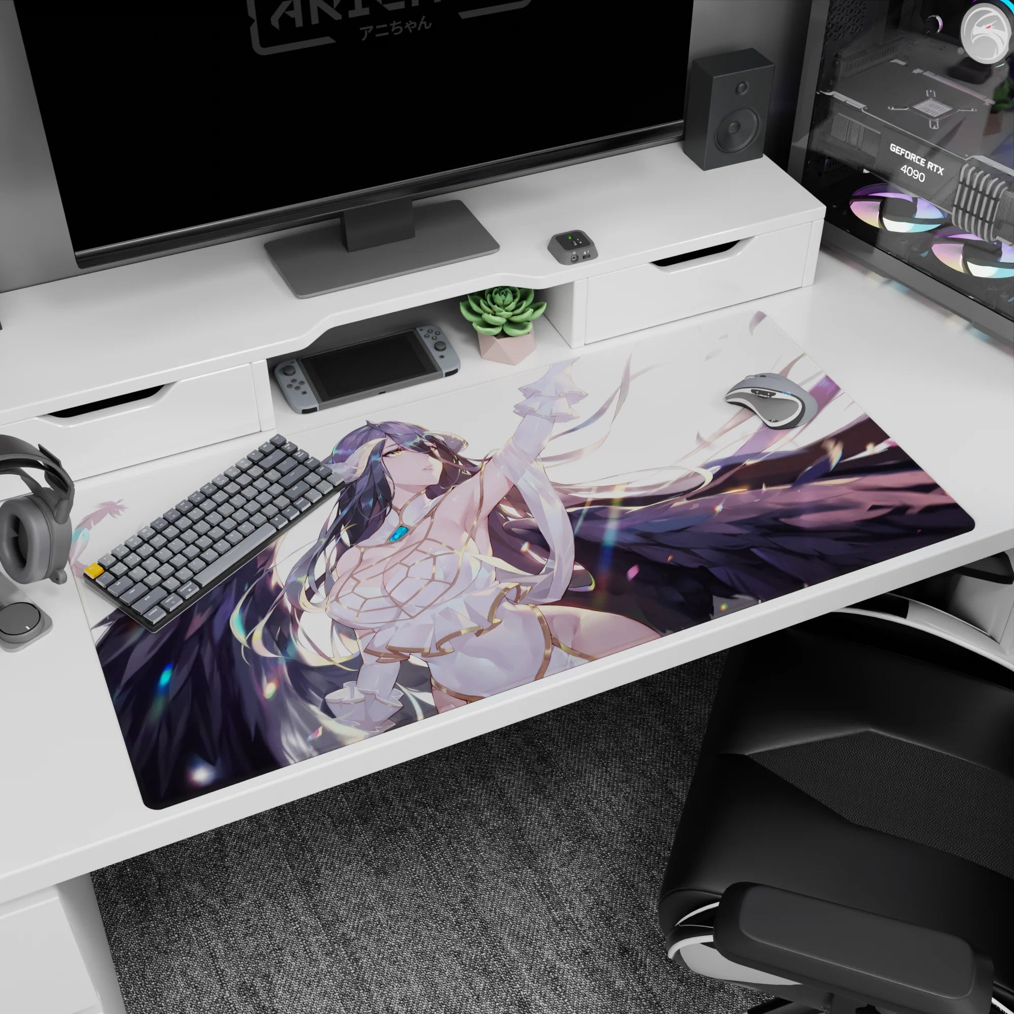 Albedo from Overlord graces this 40x20 inch anime desk pad with her fierce and serene presence, amid a feathered backdrop.