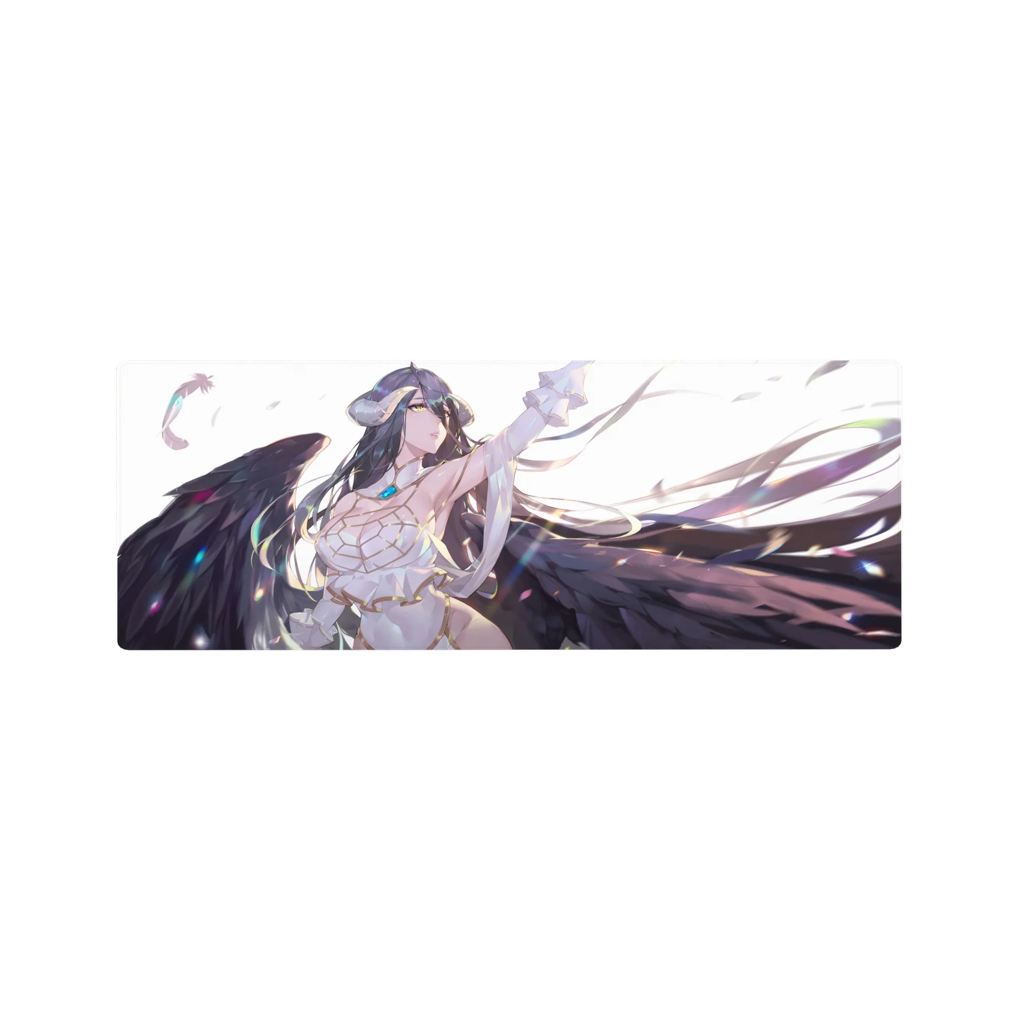 Albedo from Overlord depicted on a 32x12 inch mouse pad, showcasing her fierce and serene gaze, wings, and flowing hair.