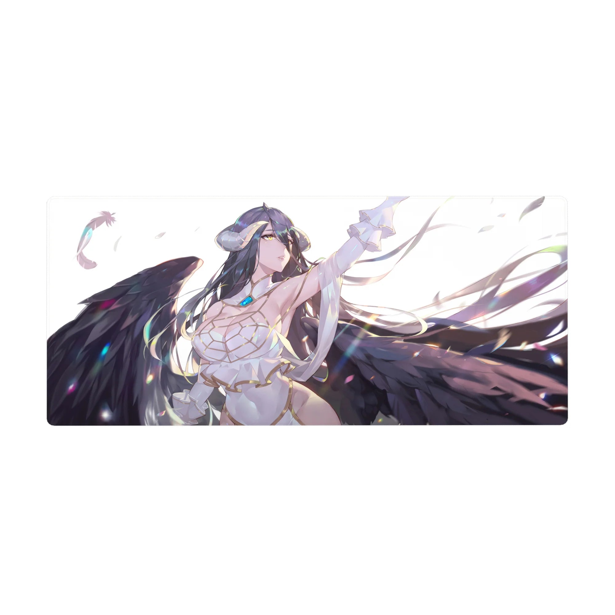 Albedo from Overlord on a 36x16 inch desk pad, showcasing her angelic form with flowing hair and wings against a feather-filled backdrop.