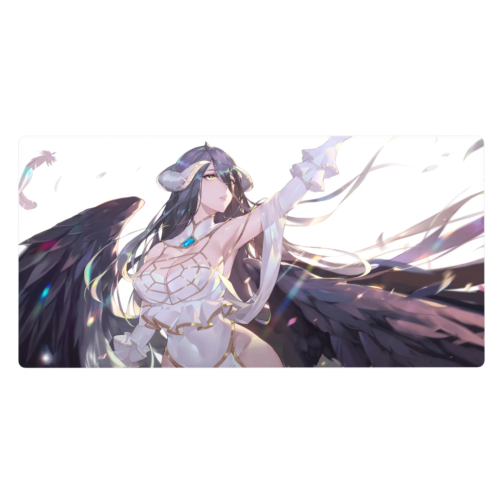 Albedo from Overlord on 40x20 inch desk pad, capturing her fierce yet serene presence amidst flowing hair and wings.