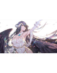 Albedo from Overlord on 40x20 inch desk pad, capturing her fierce yet serene presence amidst flowing hair and wings.