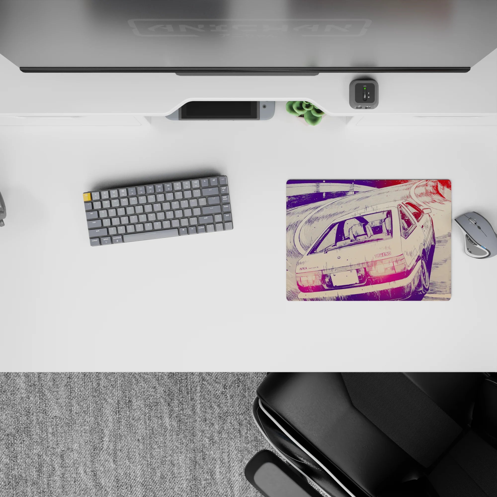 14x10 inches anime mouse pad in violet shadows with hot pink tail lights, quiet rebellious drift mood.