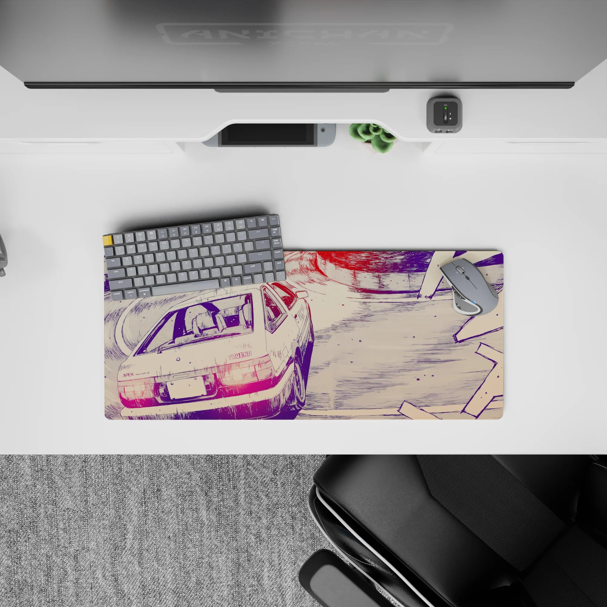 28x12 inches anime mouse pad in deep violet shadows with hot pink taillights, fast quiet rebellious vibe.