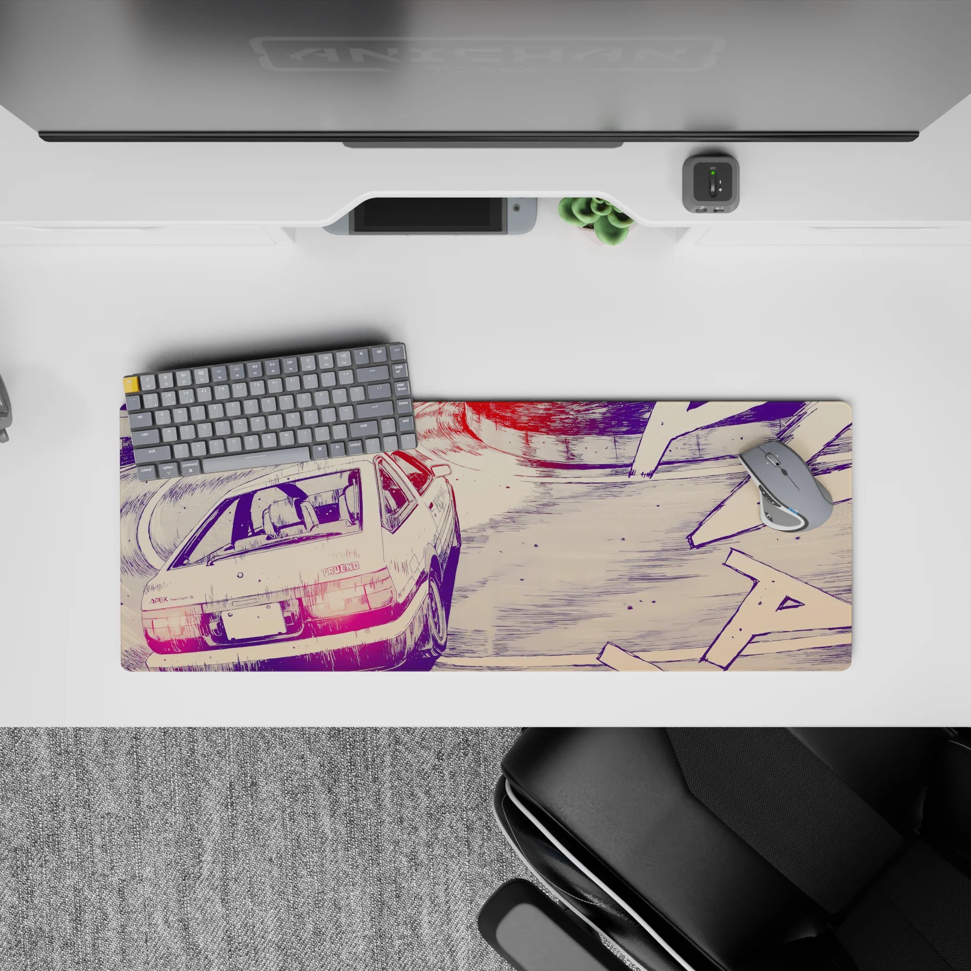 32x12 inches anime mouse pad in deep violet with hot pink taillights, quiet rebellious night drift mood.