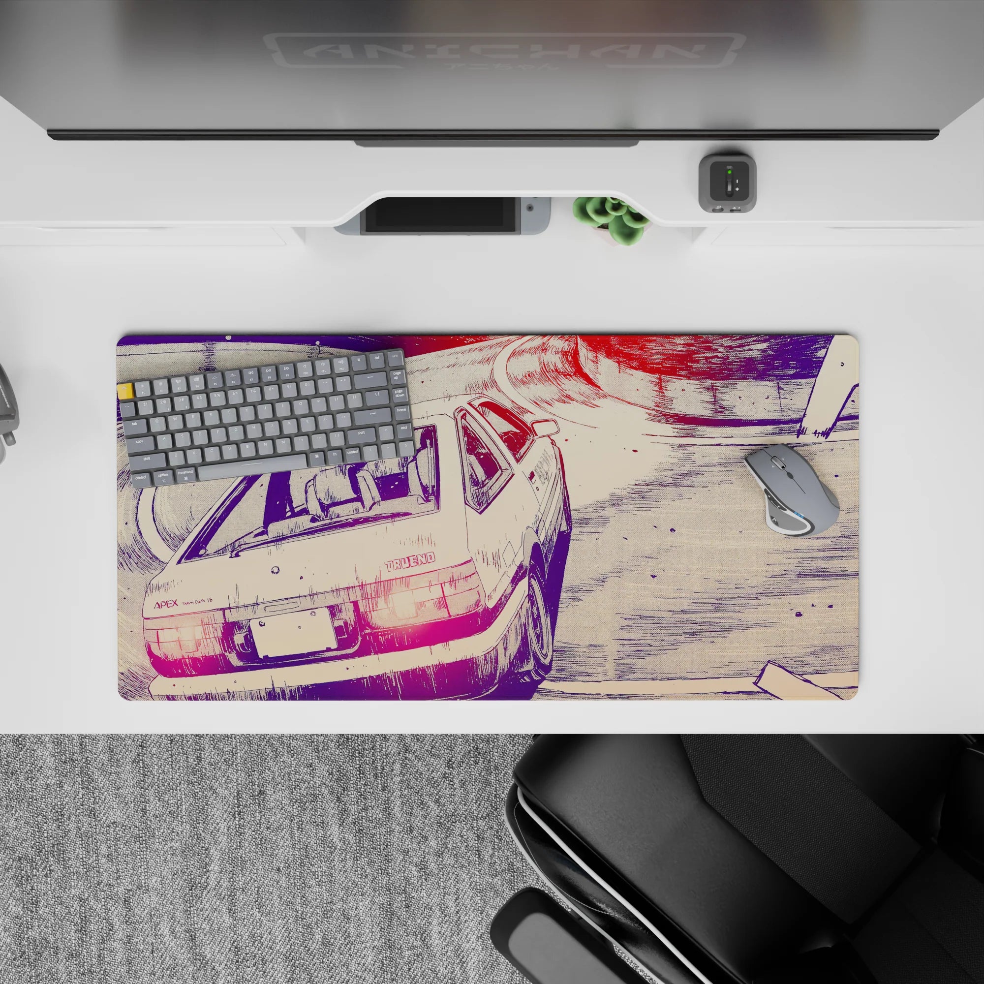 32x16 inches anime mouse pad in neon pink taillights and deep violet shadows, quiet rebellious drift mood.
