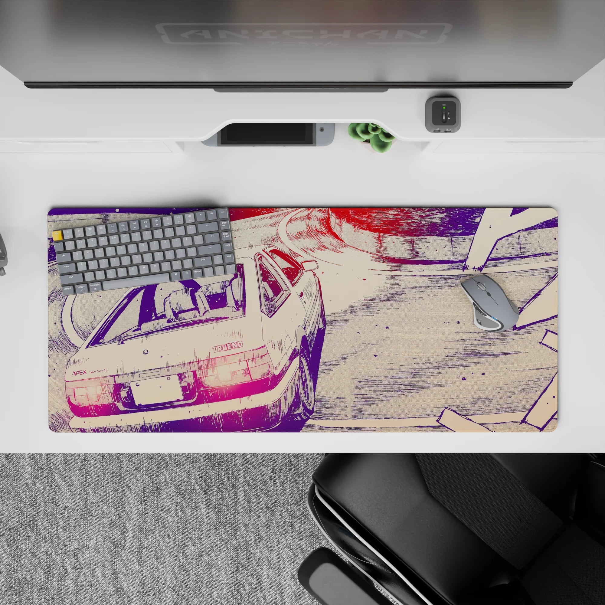 36x16 inches anime mouse pad in violet shadows with hot pink taillights, grainy night drift mood.