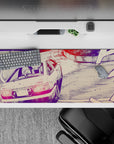 36x16 inches anime mouse pad in violet shadows with hot pink taillights, grainy night drift mood.