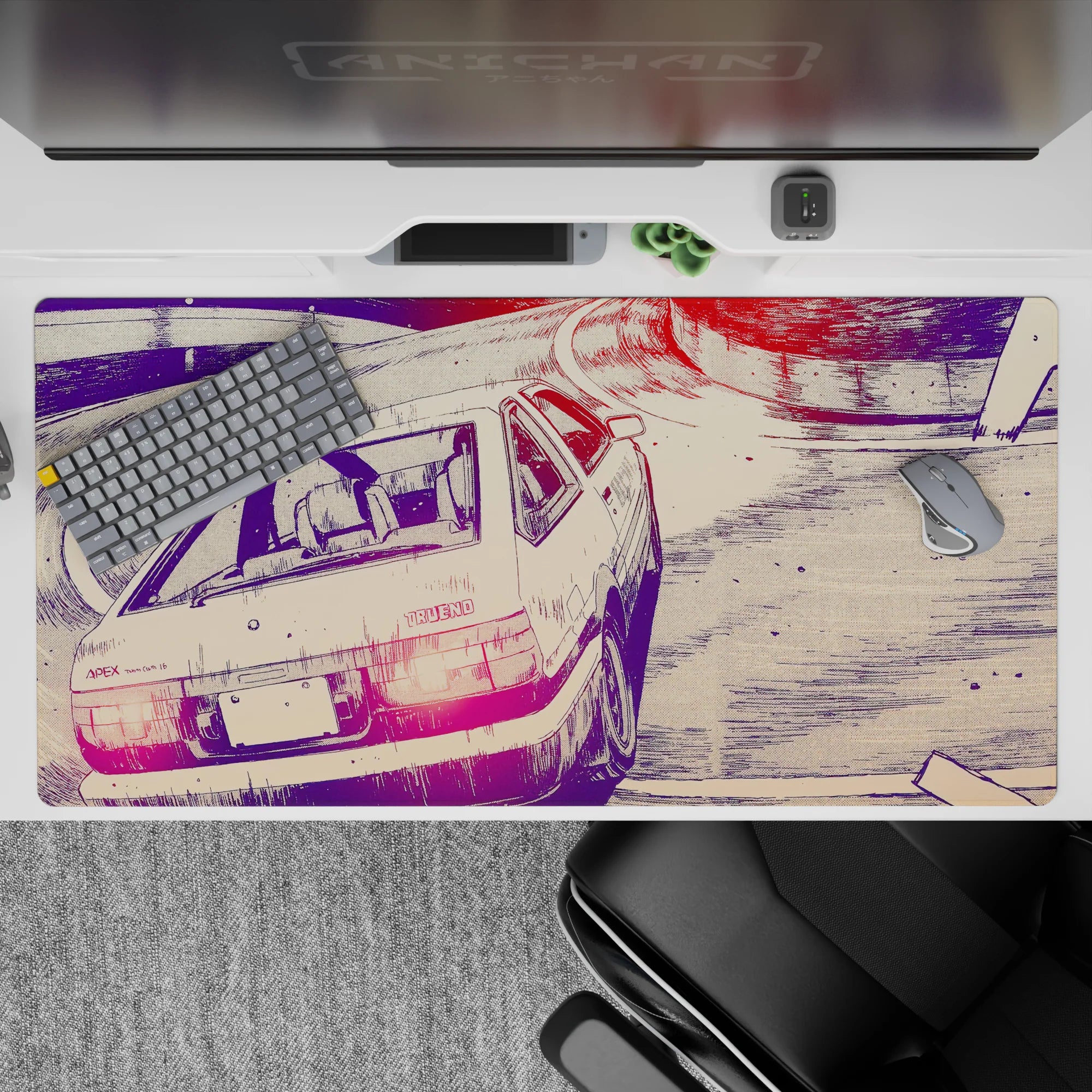 40x20 inches anime desk pad in violet shadows with hot pink tail lights, fast quiet rebellious drift mood.