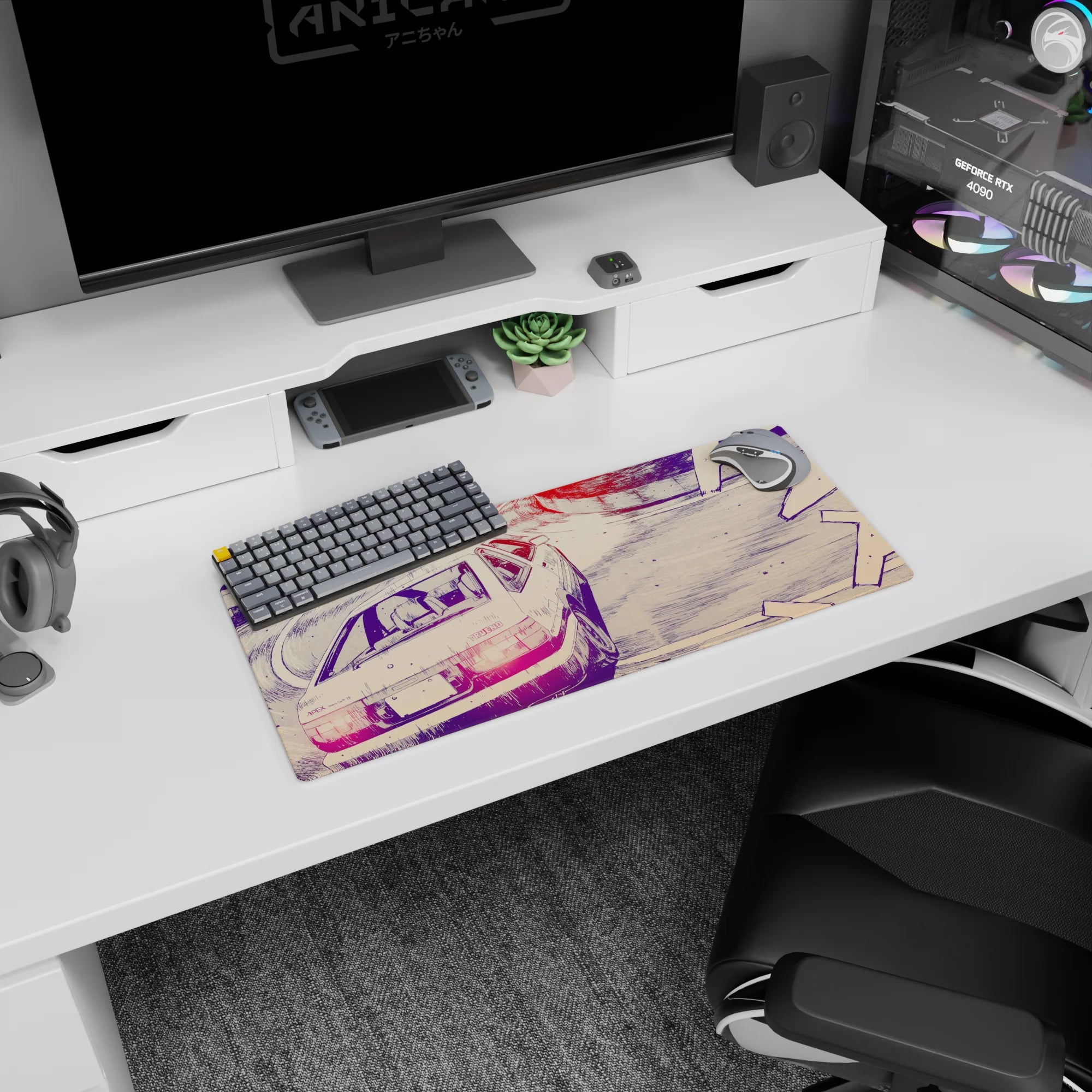 28x12 inches Initial D AE86 Trueno drift scene mouse pad, red TRUENO badge sliding through tight corner.