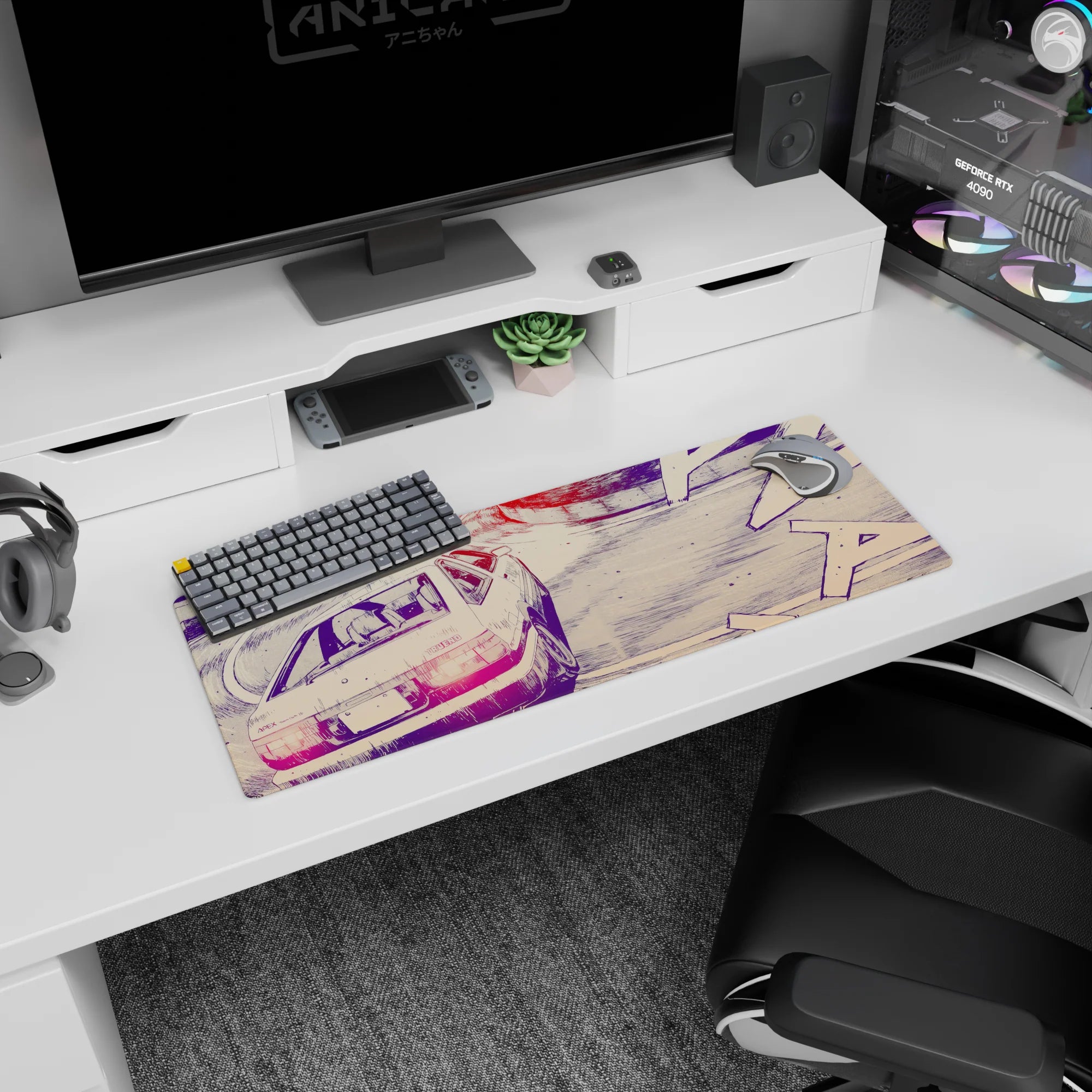 32x12 inches anime mouse pad showing a TRUENO hatchback sliding through a tight mountain pass corner.