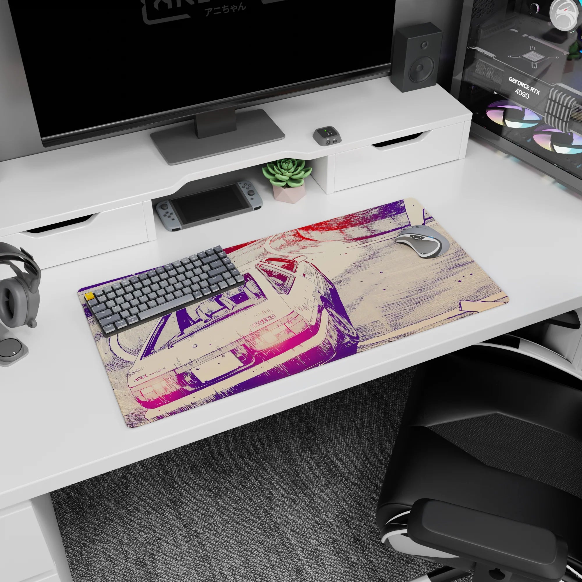 32x16 inches anime mouse pad showing an AE86 Trueno sliding a tight mountain corner with sweeping tire arcs.