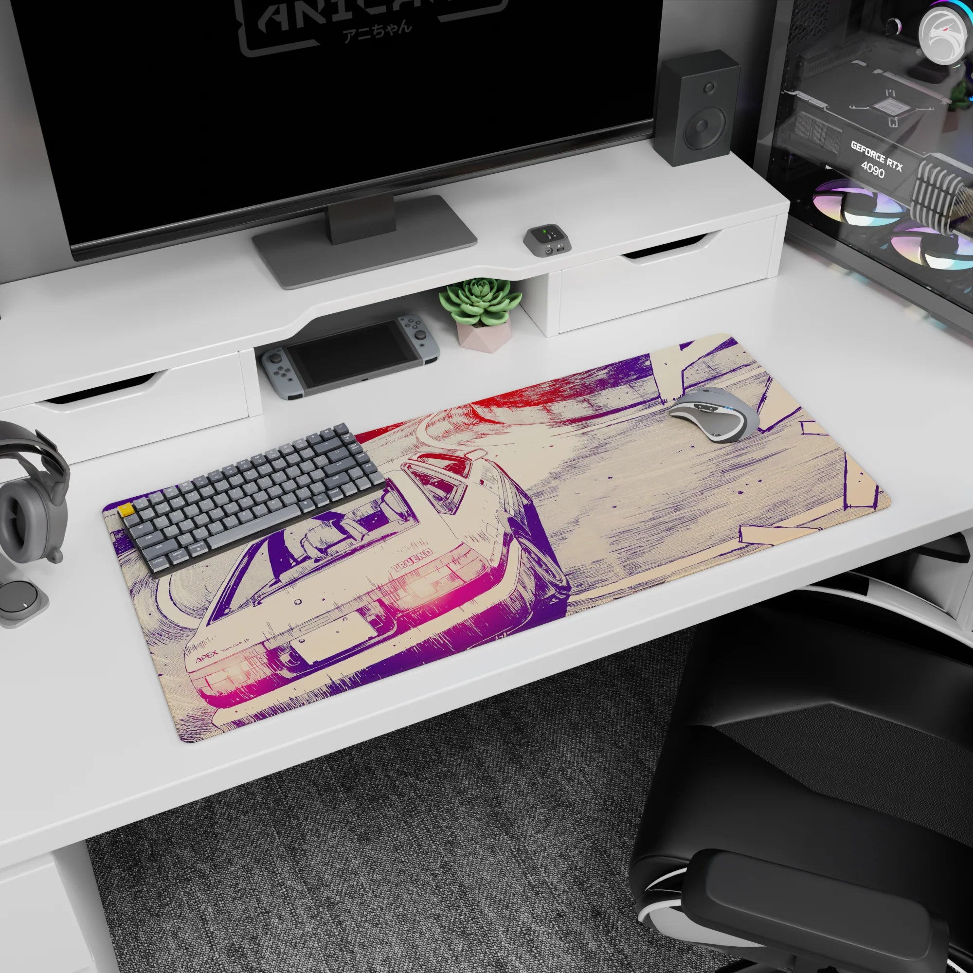 36x16 inches Initial D-inspired desk pad of an AE86 Trueno sliding a tight mountain corner at night.
