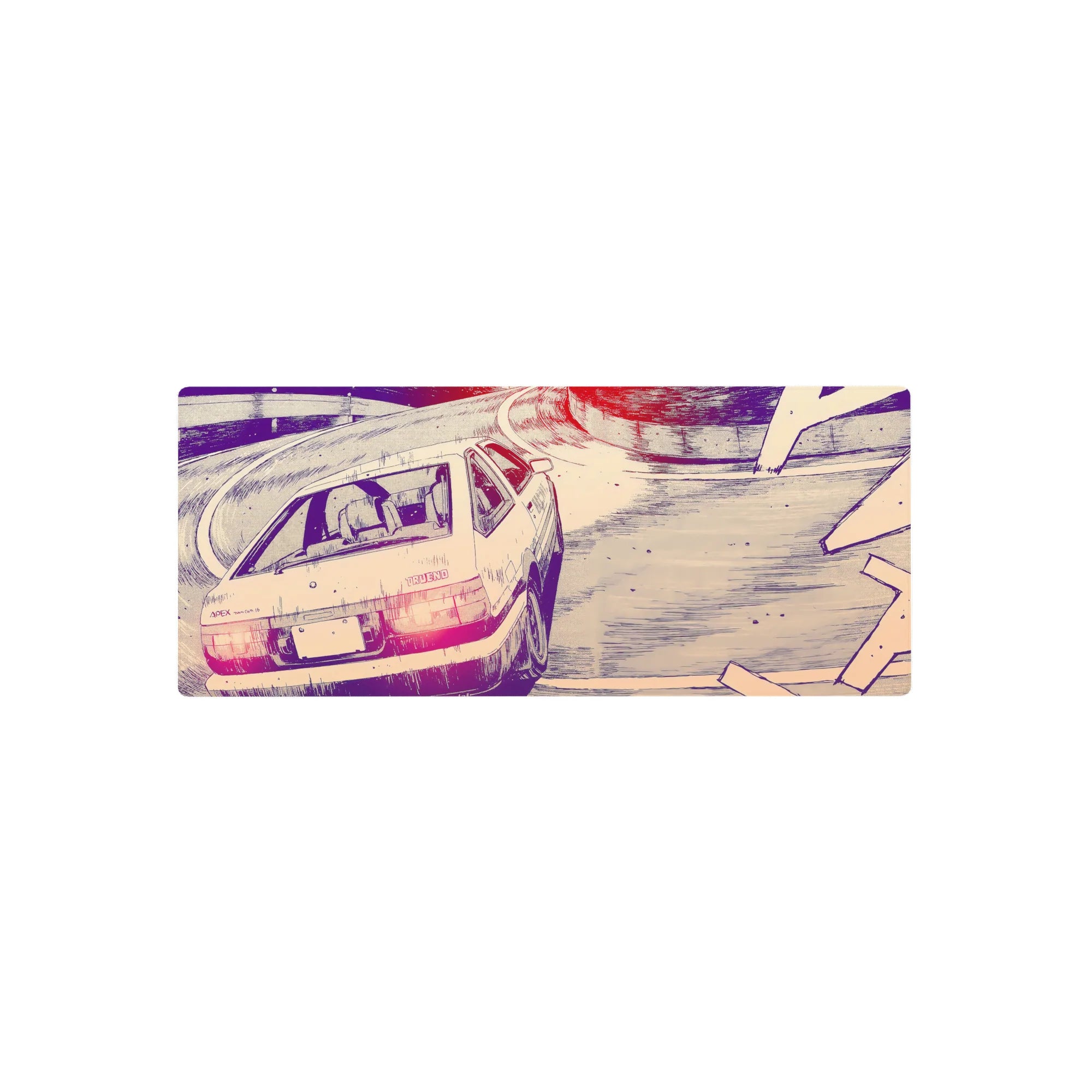 28x12 inches anime mouse pad with drifting hatchback on a mountain curve, sketchy ink lines and tire arcs.