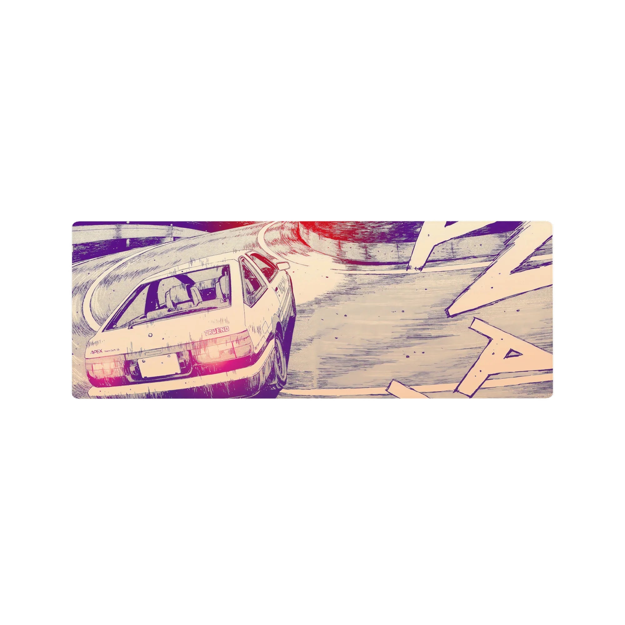 32x12 inches anime mouse pad with drifting hatchback on a mountain curve, sketchy ink lines and tire arcs.