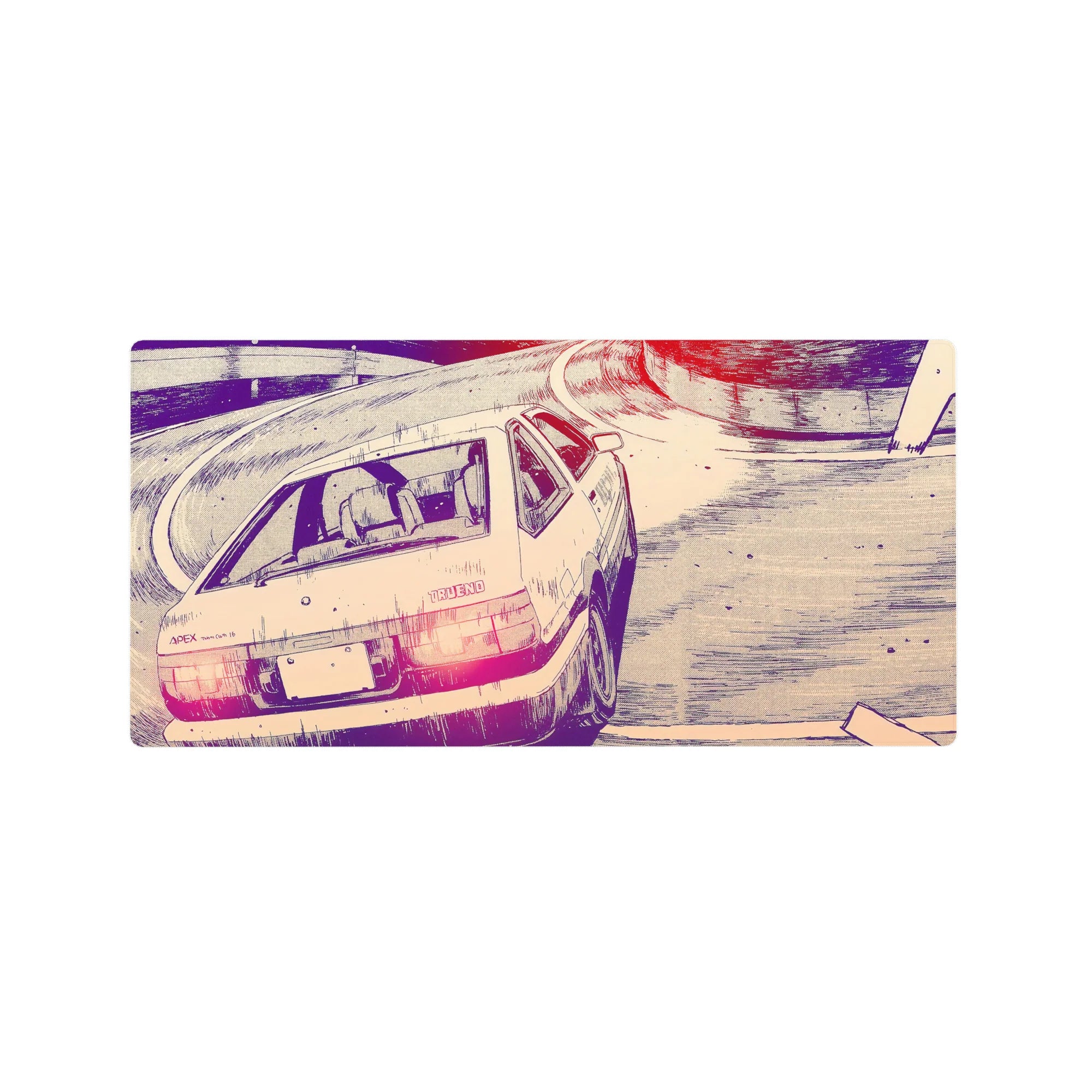 32x16 inches anime mouse pad with drifting Trueno hatchback on a mountain curve, sketchy ink style.