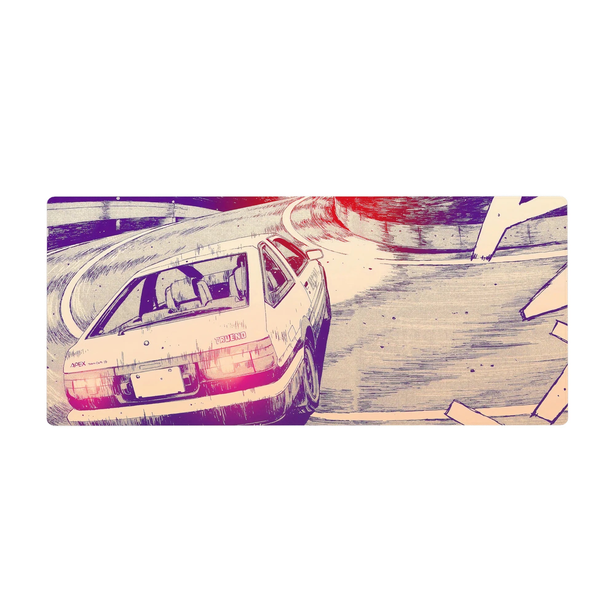 36x16 inches anime desk pad with drifting hatchback on a mountain hairpin, TRUENO badge, ink texture.