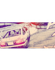 36x16 inches anime desk pad with drifting hatchback on a mountain hairpin, TRUENO badge, ink texture.