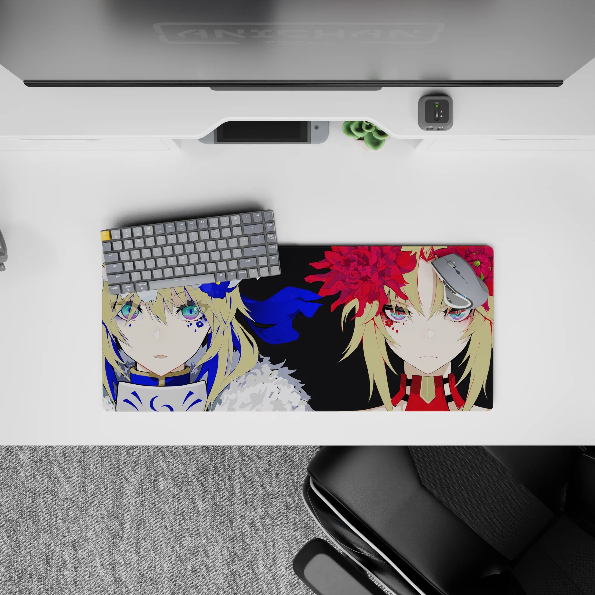 28x12 inches anime girl mouse pad in cobalt blue, velvet black, and crimson for a dark, intense vibe.