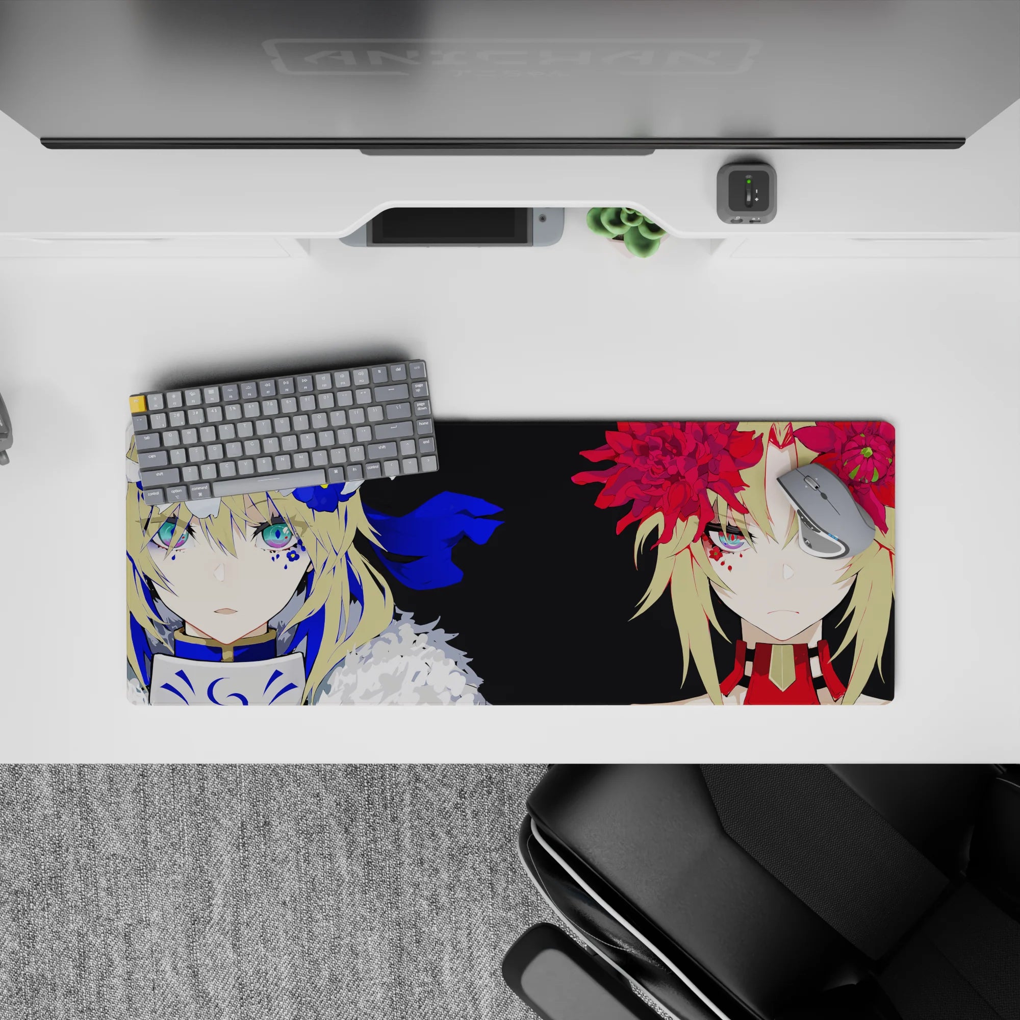 32x12 inches anime girl mouse pad in cobalt blue, velvet black, and crimson, intense teal-eyed vibe.
