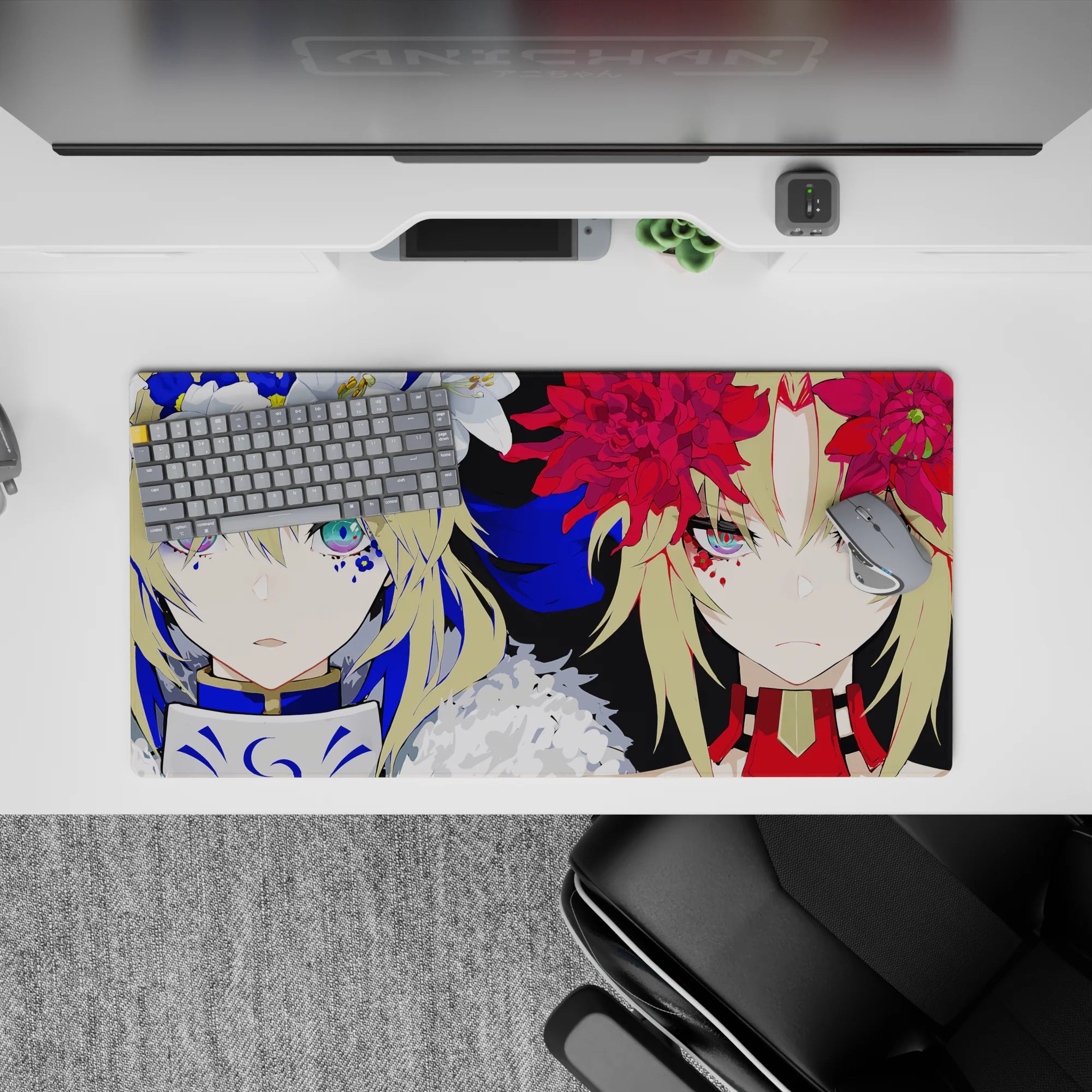 32x16 inches anime girl mouse pad in cobalt blue, velvet black, and crimson for a bold, intense desk vibe.
