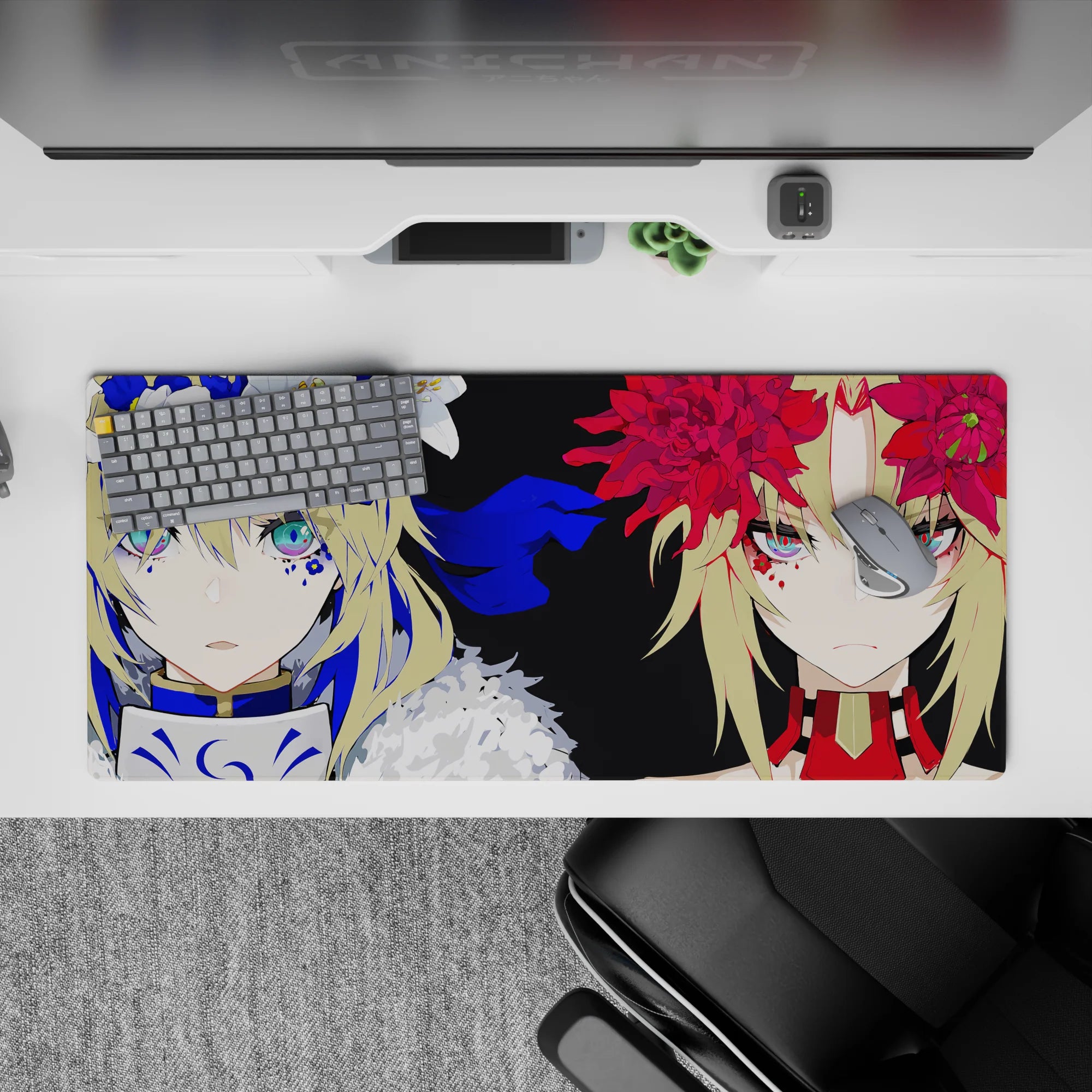 36x16 inches anime girl desk pad in cobalt blue, velvet black, and crimson with intense teal-eyed vibe.