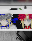 36x16 inches anime girl desk pad in cobalt blue, velvet black, and crimson with intense teal-eyed vibe.