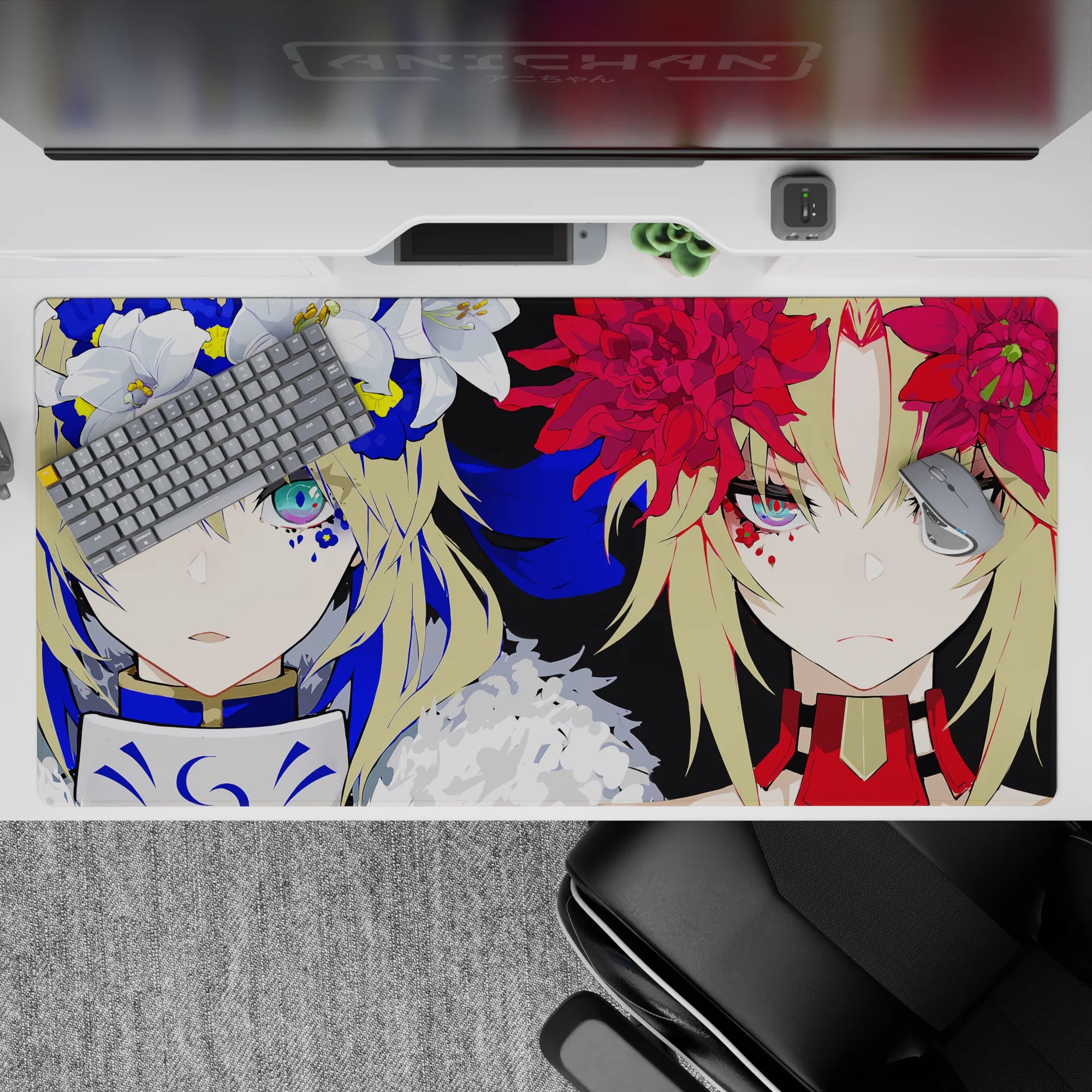 40x20 inches anime mouse pad in cobalt, black, and crimson tones with intense teal-eyed heroines.