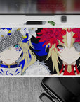 40x20 inches anime mouse pad in cobalt, black, and crimson tones with intense teal-eyed heroines.