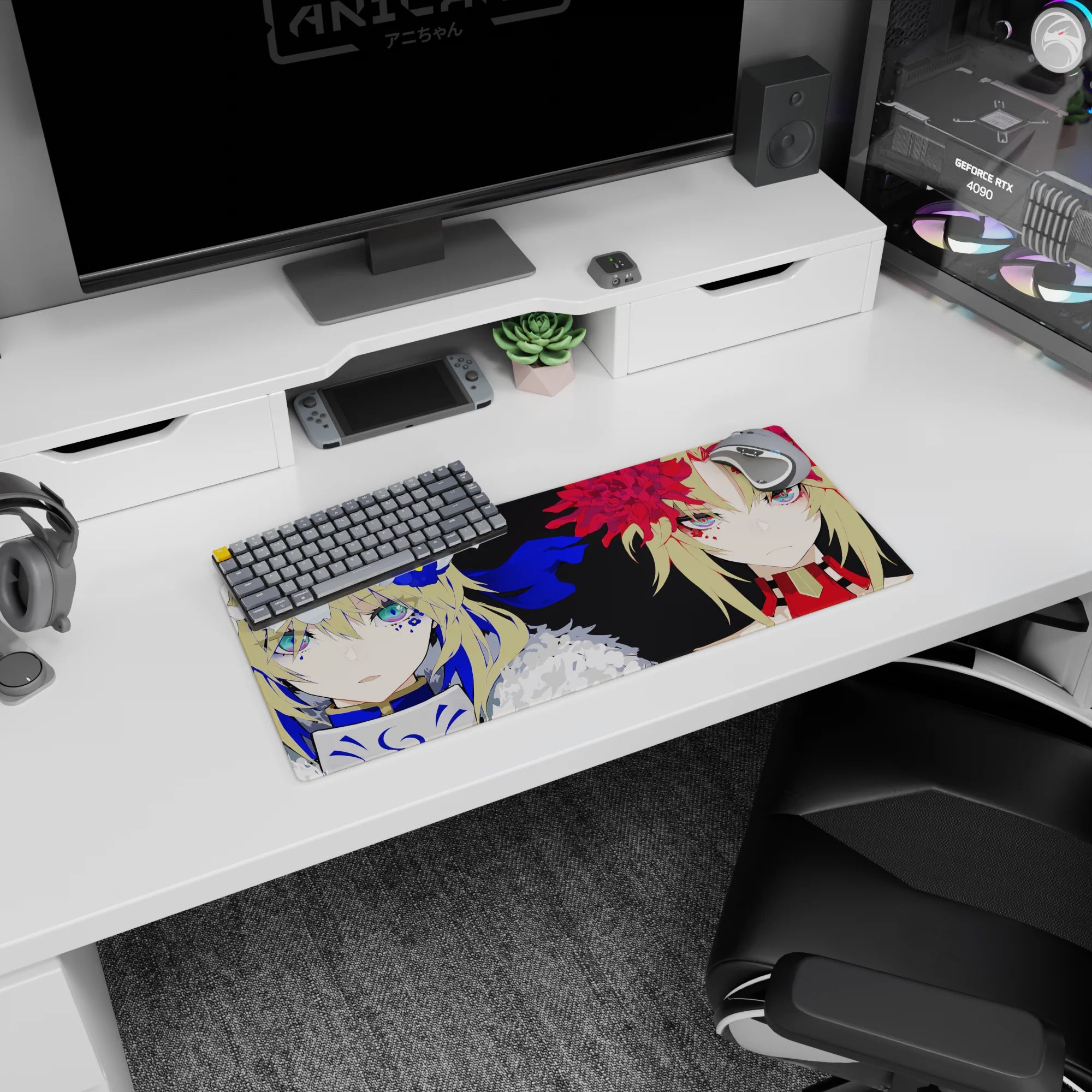 28x12 inches anime girl mouse pad showing two heroines with teal eyes, one icy blue, one scarlet.