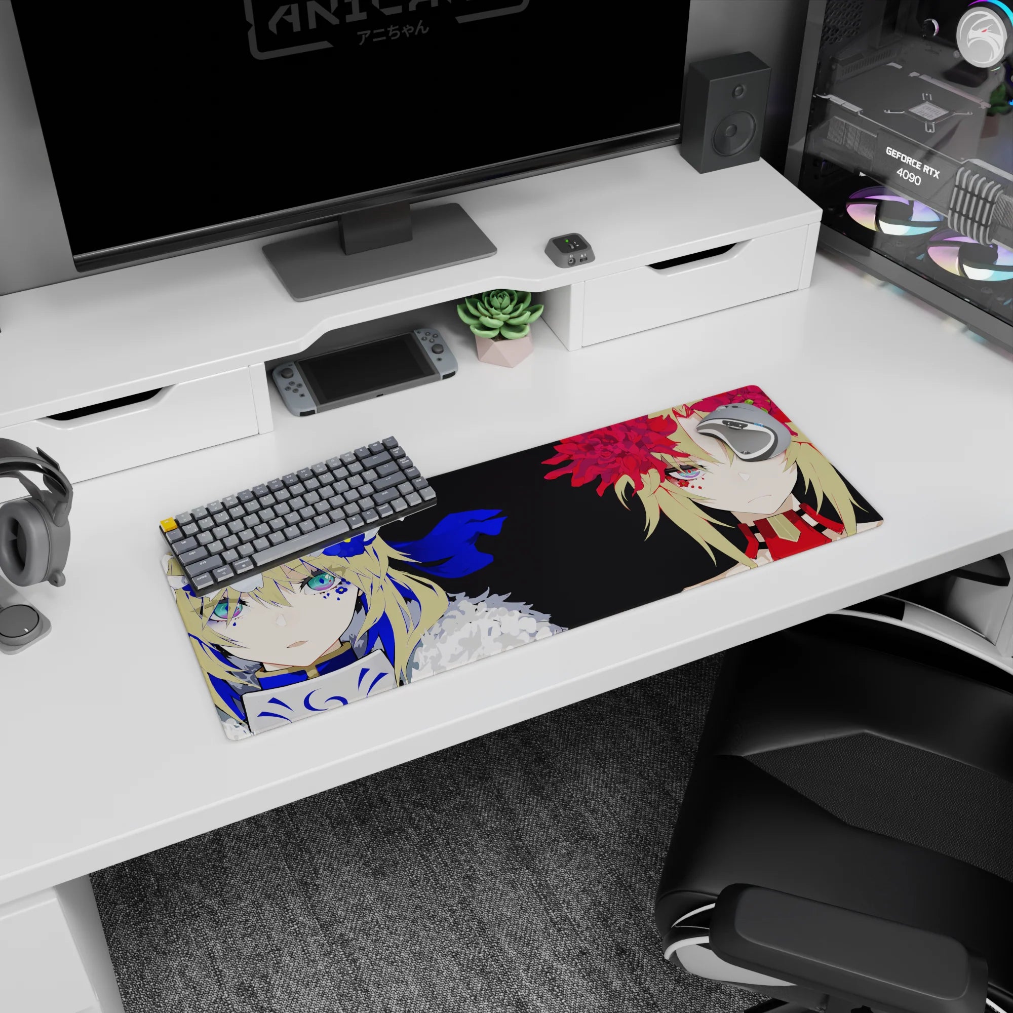32x12 inches anime girl mouse pad showing two teal-eyed heroines, one icy blue, one scarlet, staring ahead.