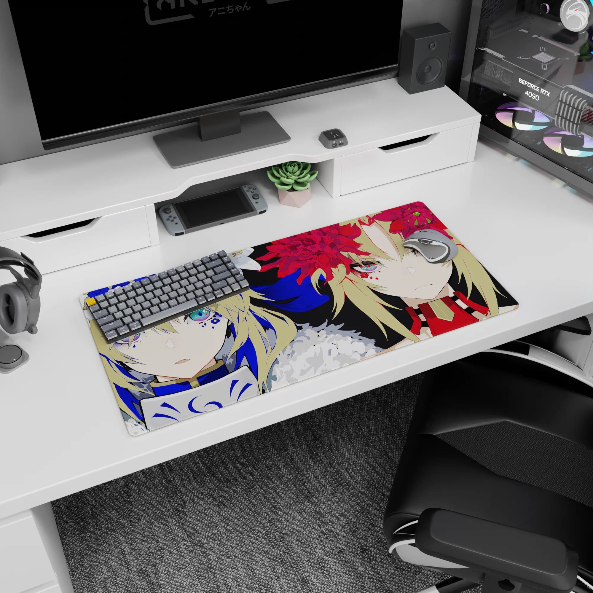 32x16 inches anime girl mouse pad featuring two sharp teal-eyed heroines, one icy blue, one scarlet.