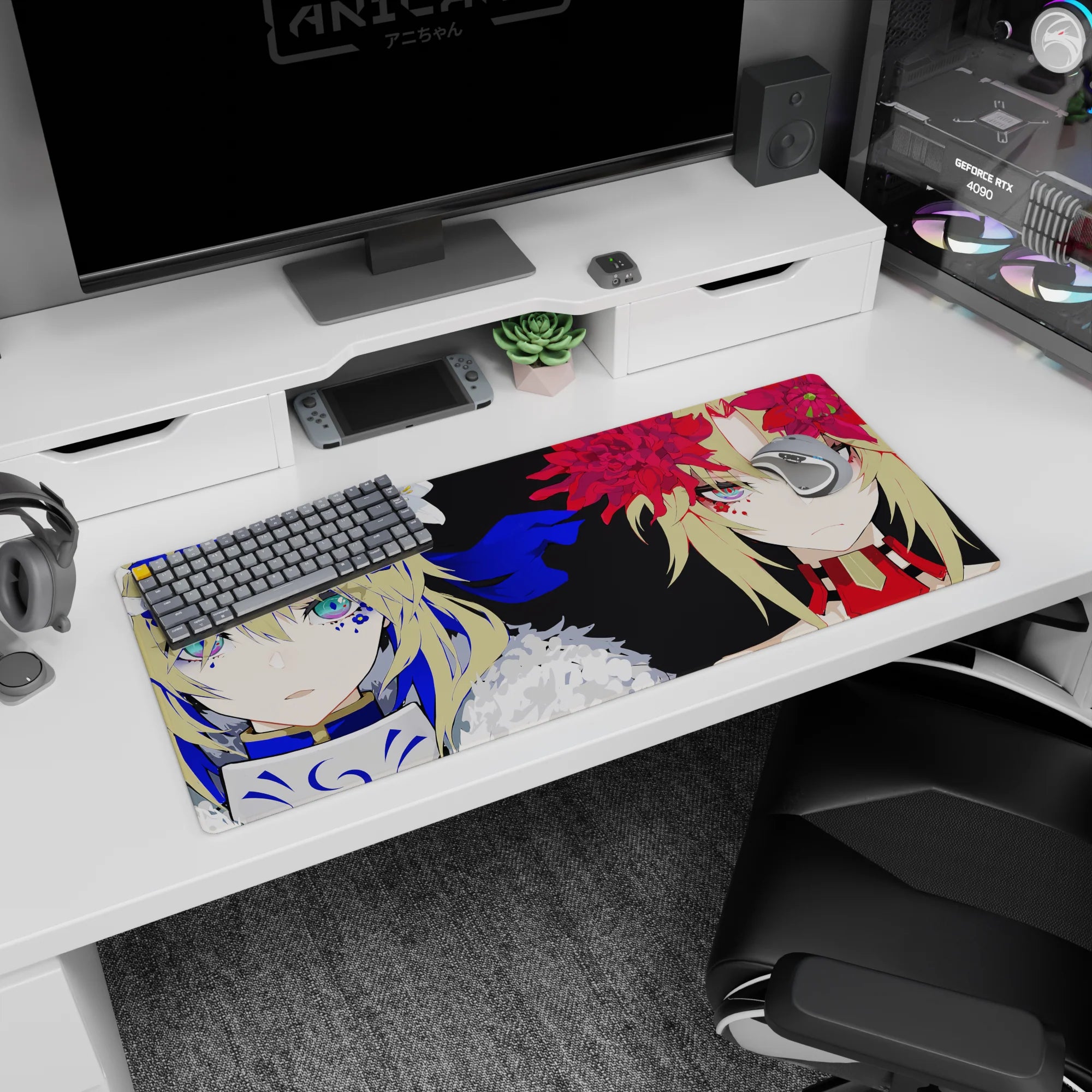 36x16 inches anime girl desk pad showing two crowned heroines, one icy blue, one scarlet, staring ahead.