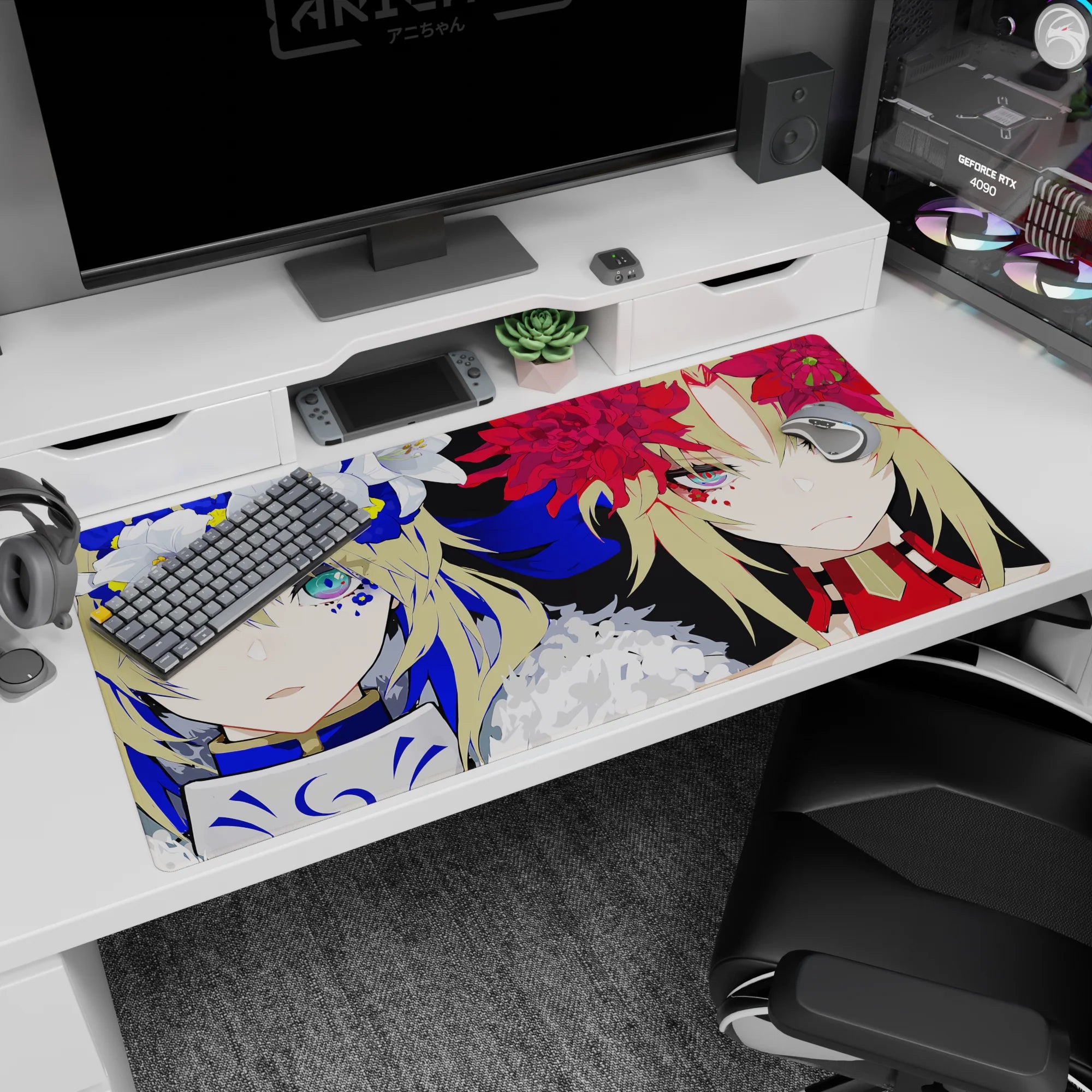 40x20 inches desk pad showing two anime heroines staring forward, one icy blue, one scarlet, crowned.