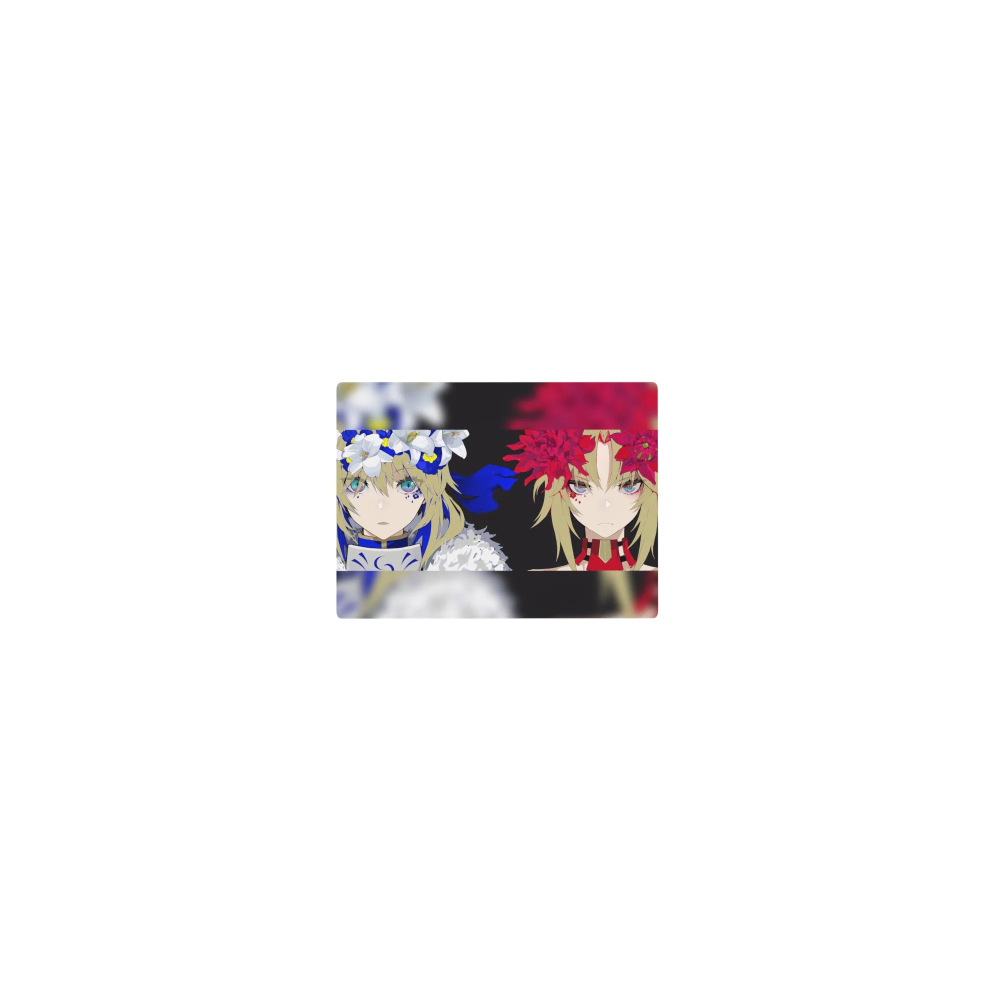 Classic anime girl mouse pad 14x10 inches with split background, two fierce faces, and flower crowns.