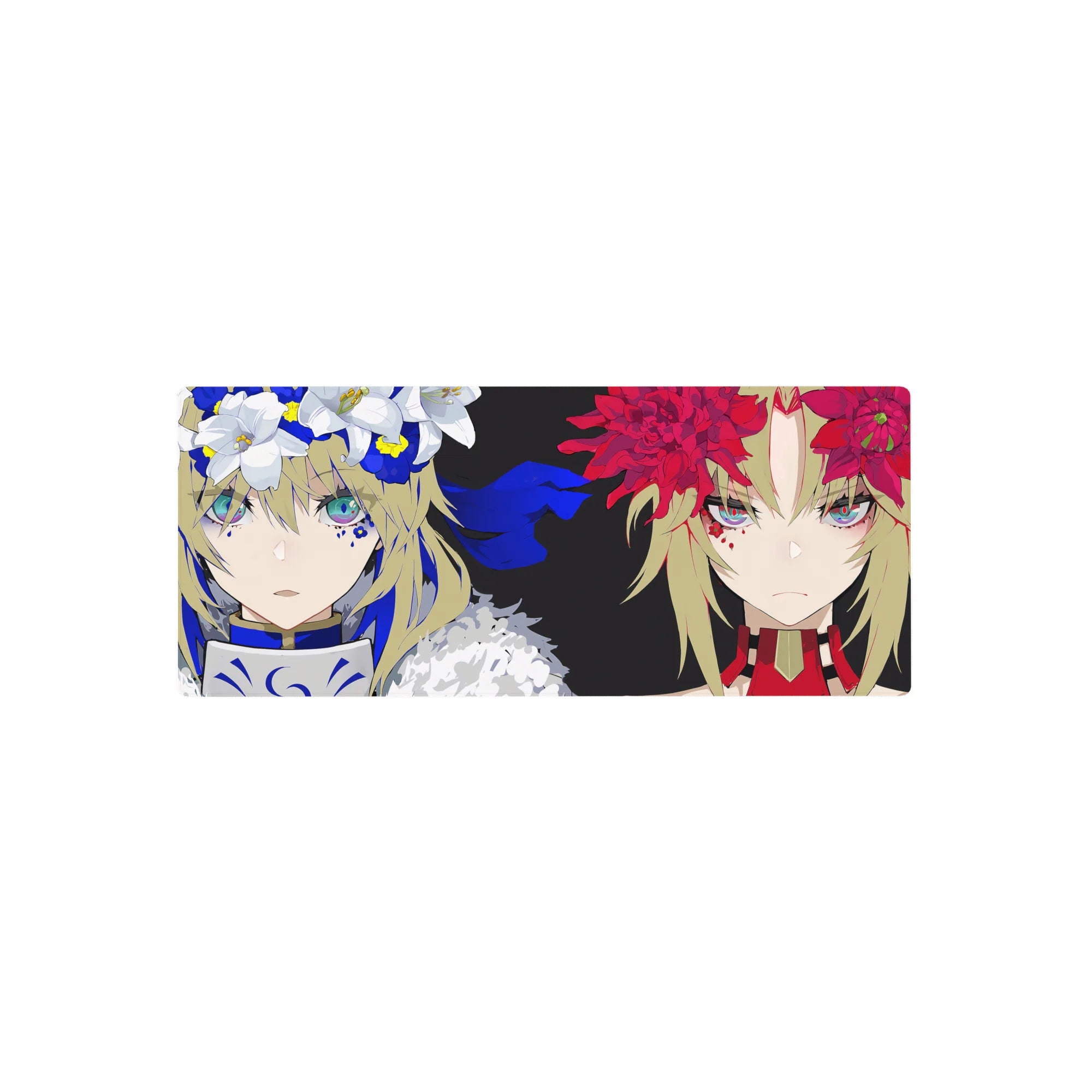 28x12 inches anime girl mouse pad with two fierce faces, split background, and red-white flower crowns.