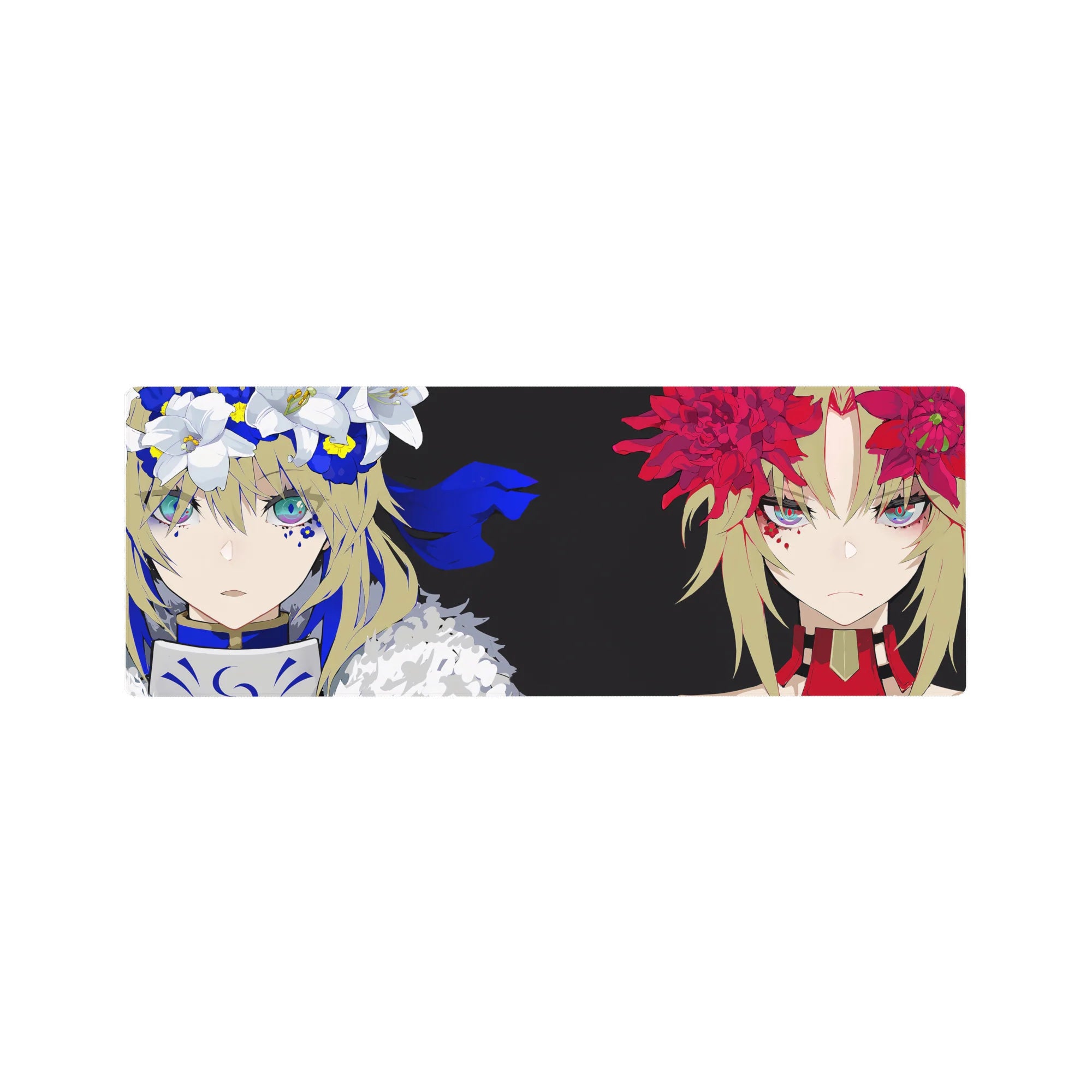32x12 inches anime girl mouse pad with two fierce faces, split background, and red/white flower crowns.