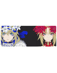 32x12 inches anime girl mouse pad with two fierce faces, split background, and red/white flower crowns.