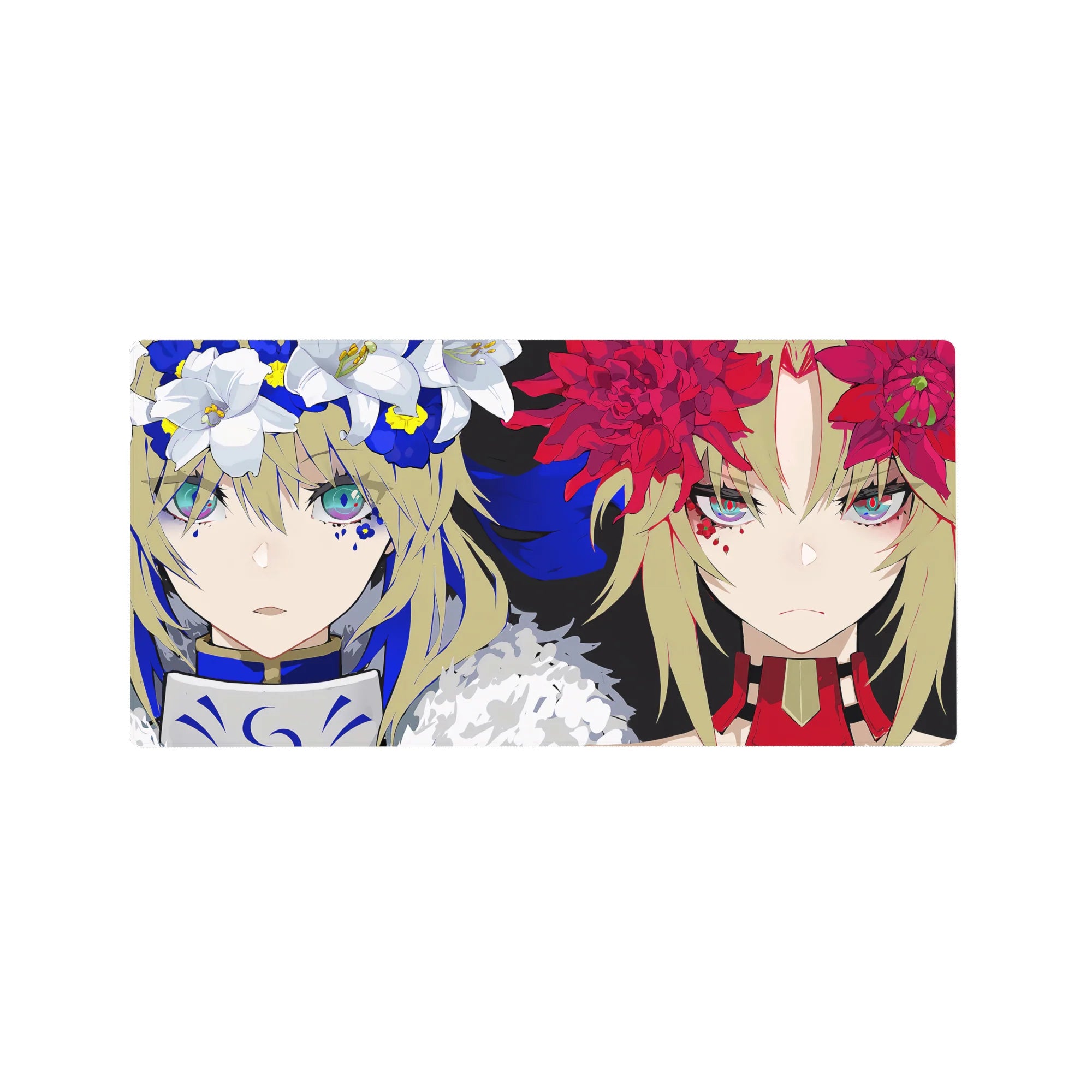 32x16 inches anime girl mouse pad with two fierce faces, split background, and red/white flower crowns.