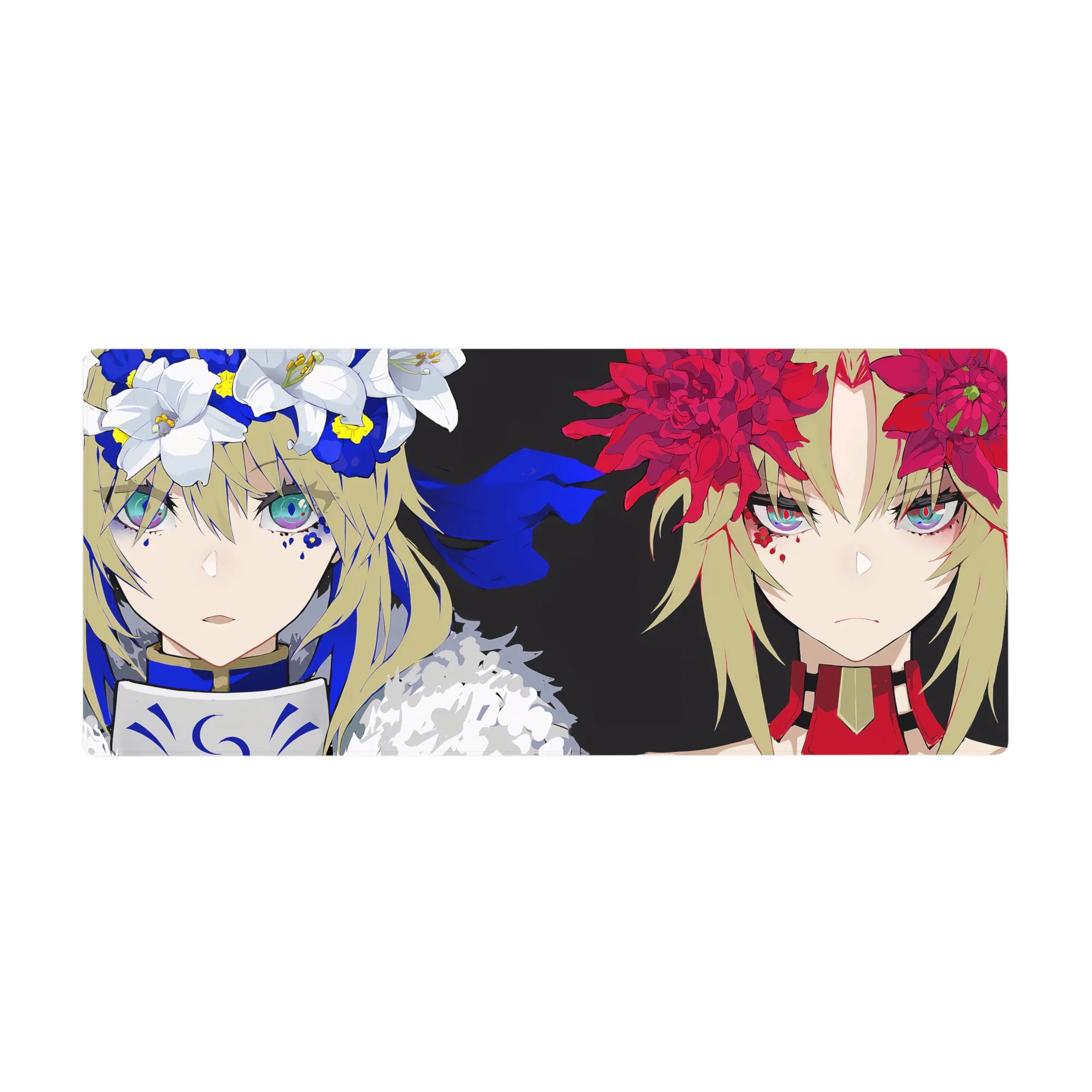 36x16 inches anime girl desk pad with two fierce faces, split background, red and white flower crowns.