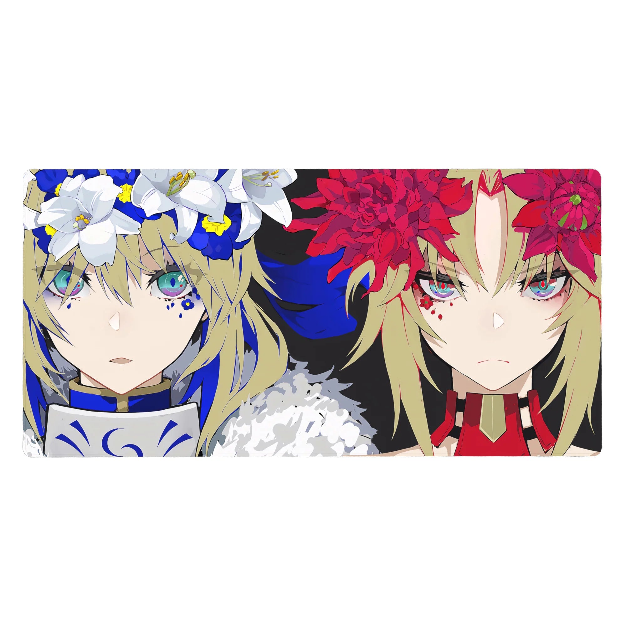 40x20 inches anime girl desk pad with two fierce faces, split background, red and white flower crowns.