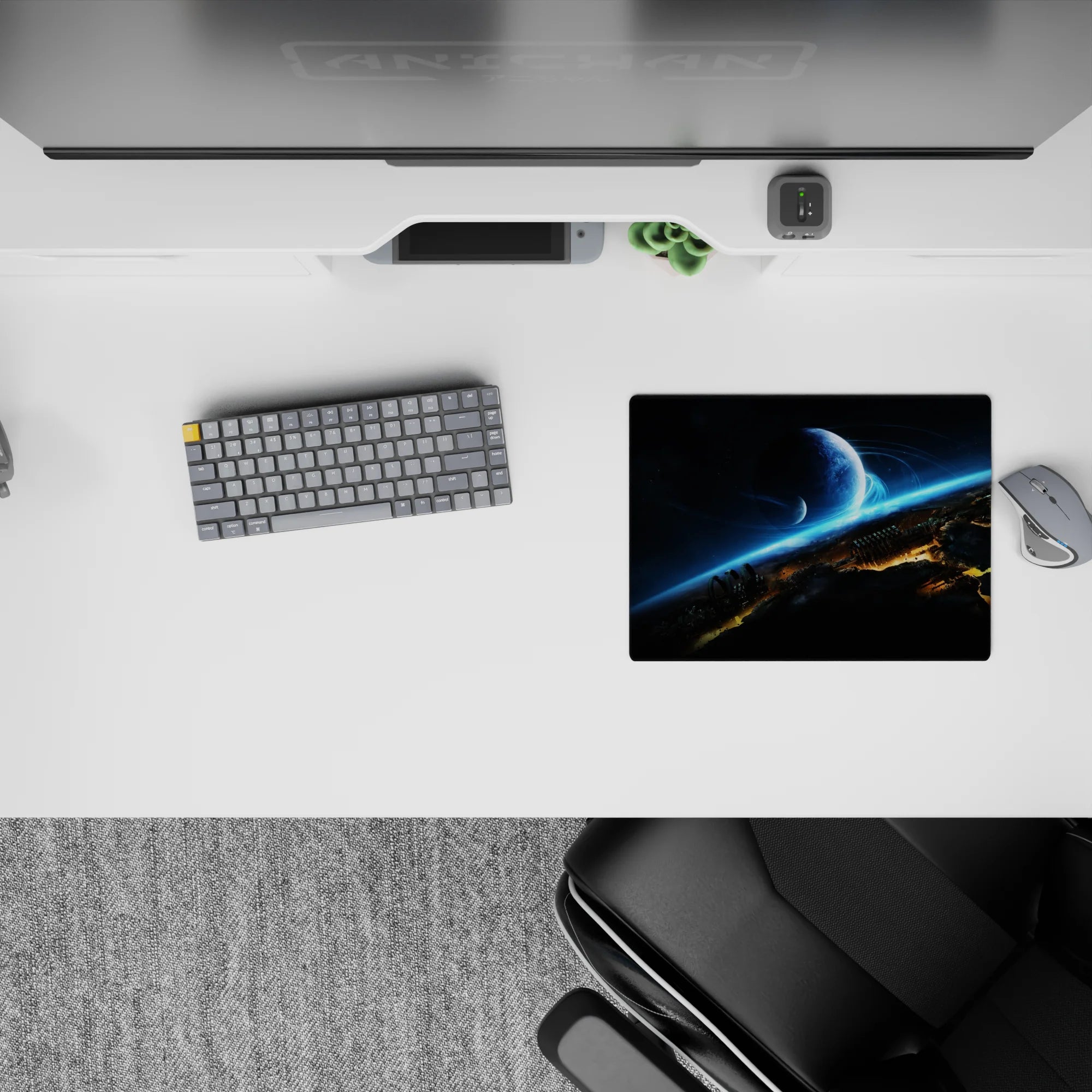14x10 inches mouse pad in inky black and smoky gray with electric cyan streaks, calm sci-fi night vibe.
