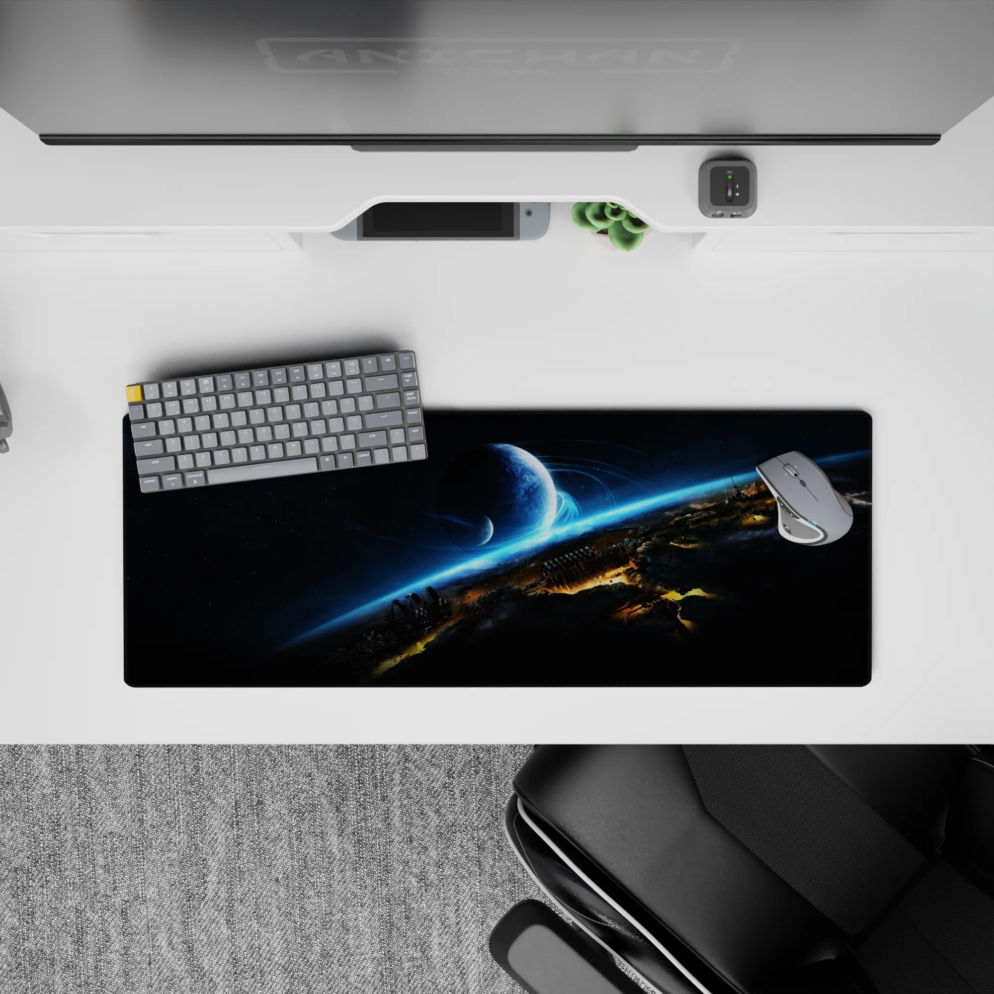 Moody 32x12 inches mouse pad in inky black and smoky gray with electric cyan streaks and calm sci-fi vibe.