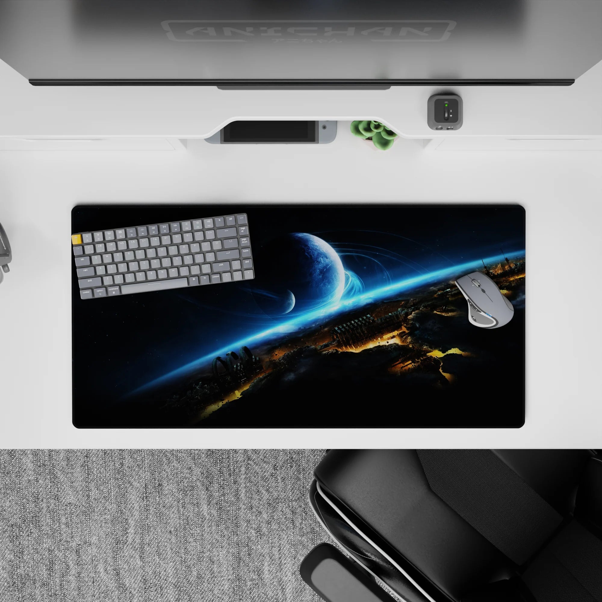 Cool inky black and smoky gray mouse pad 32x16 inches with electric cyan streaks for calm space vibes.