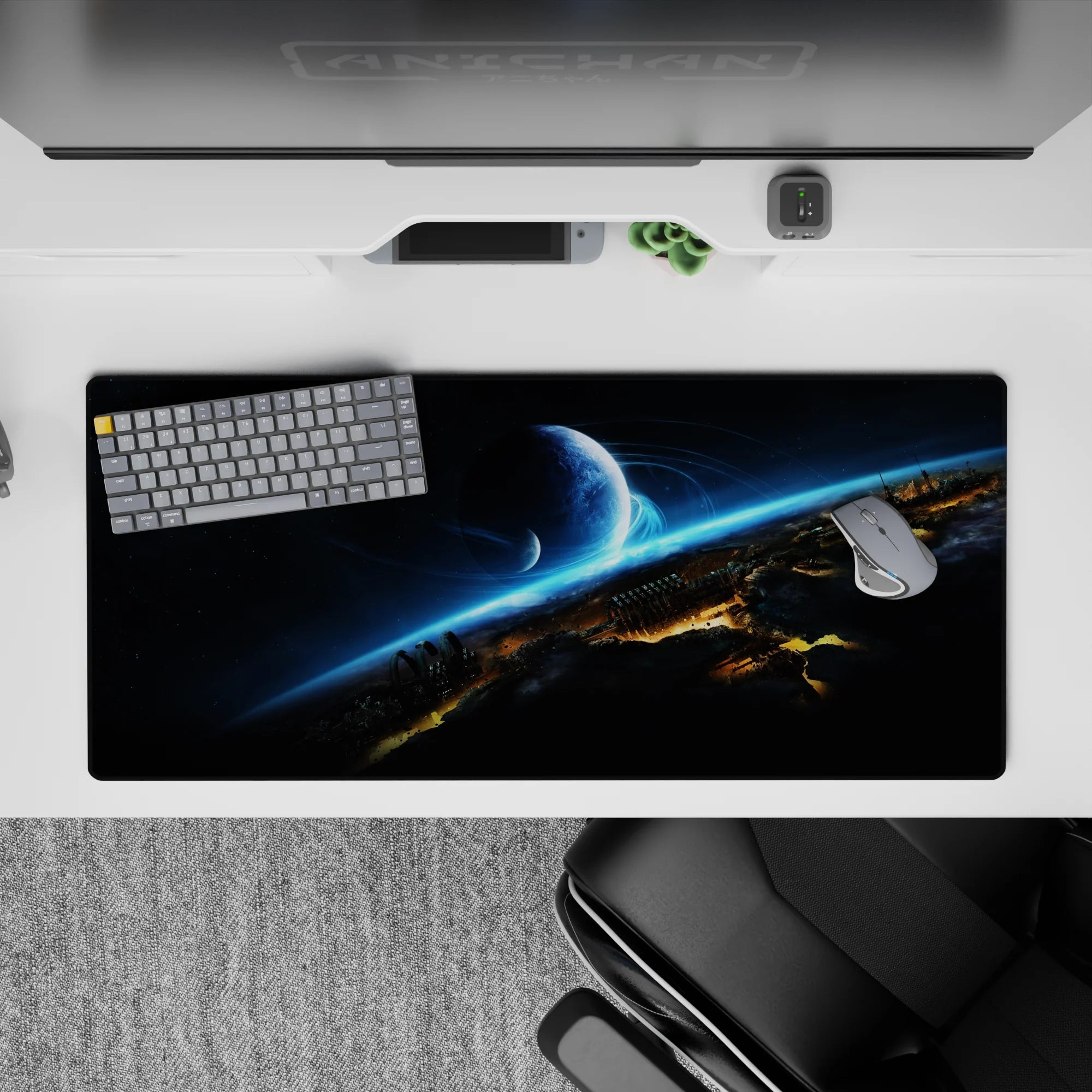 Sci-fi calm desk pad 36x16 inches in inky black, smoky gray, and electric cyan streaks.
